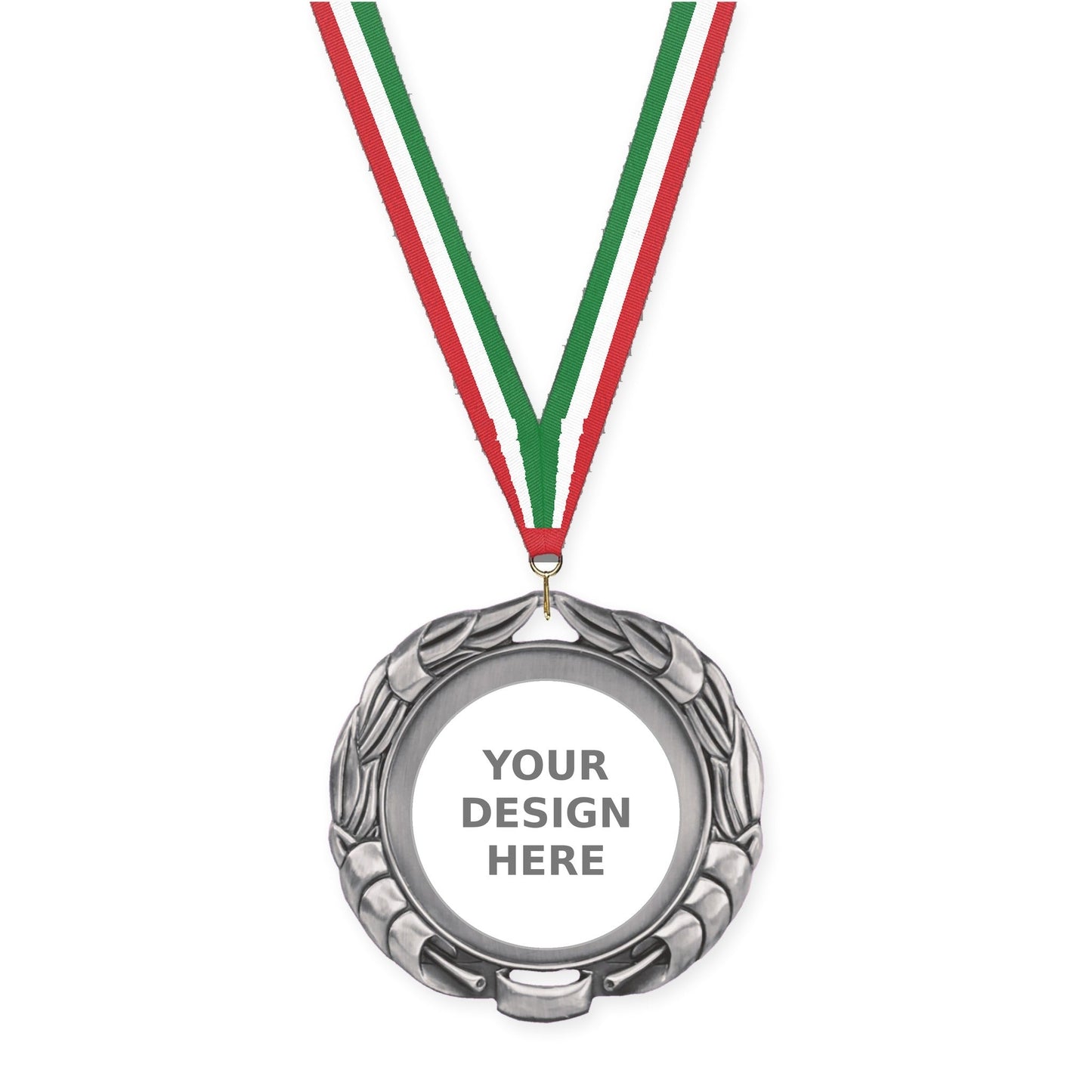 2 3/4 inch Double-Sided Wreath insert medal in antique silver with Red White Green neck ribbon