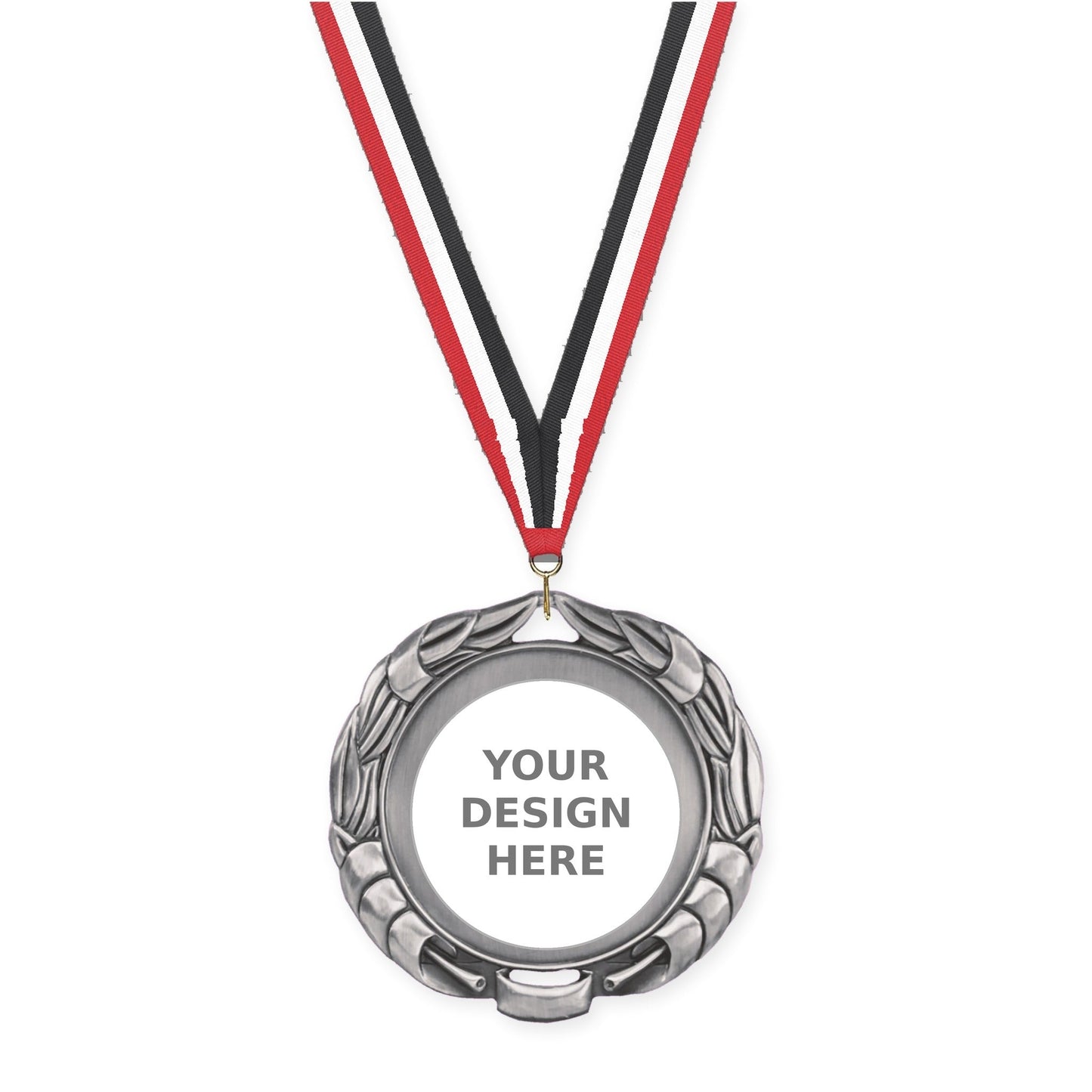 2 3/4 inch Double-Sided Wreath insert medal in antique silver with Red White Black neck ribbon