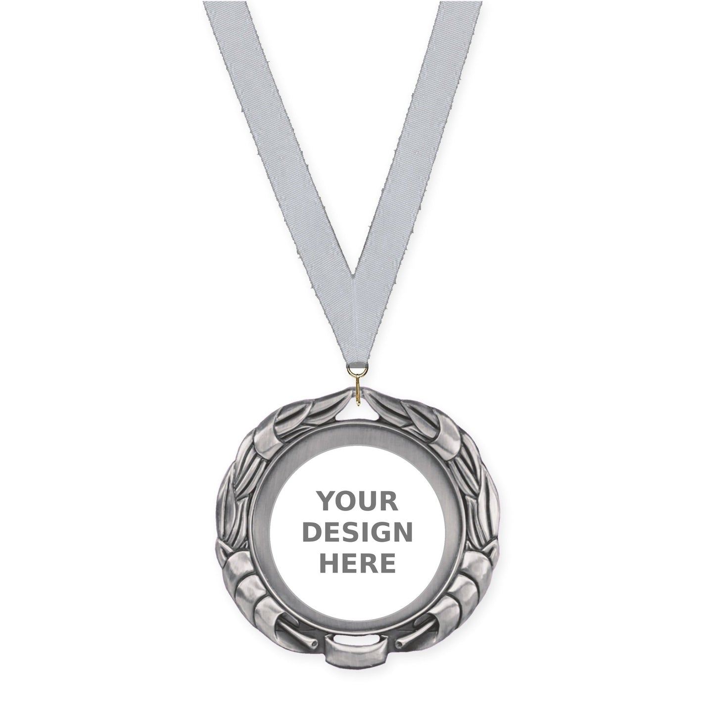 2 3/4 inch Double-Sided Wreath insert medal in antique silver with Silver Metallic neck ribbon