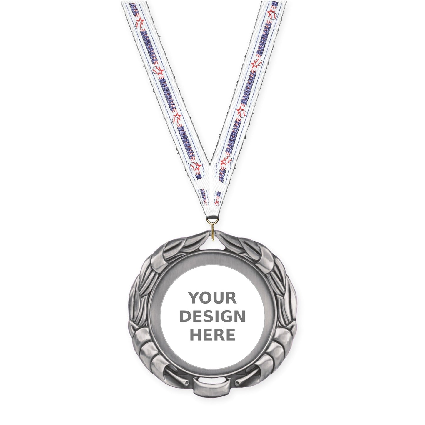 2 3/4 inch Double-Sided Wreath insert medal in antique silver with Baseball neck ribbon