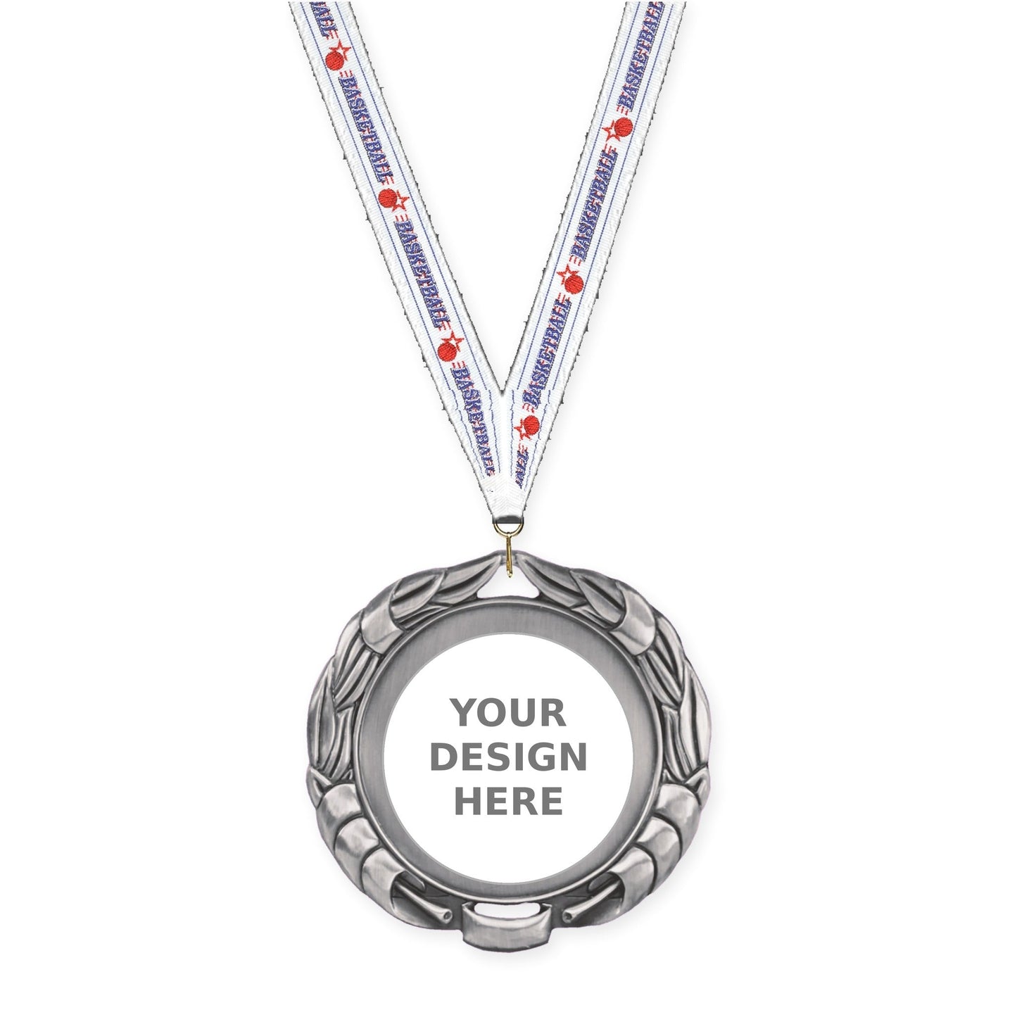 2 3/4 inch Double-Sided Wreath insert medal in antique silver with Basketball neck ribbon