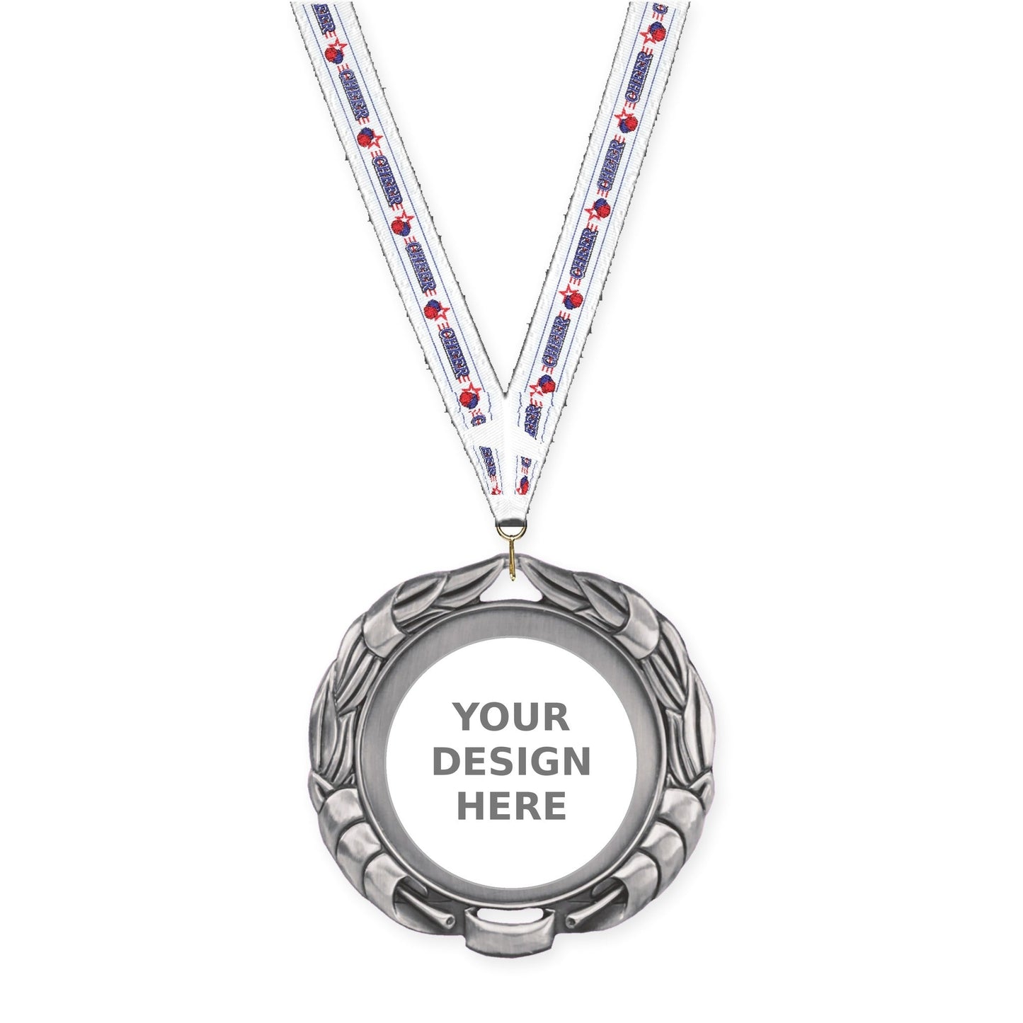 2 3/4 inch Double-Sided Wreath insert medal in antique silver with Cheerleading neck ribbon