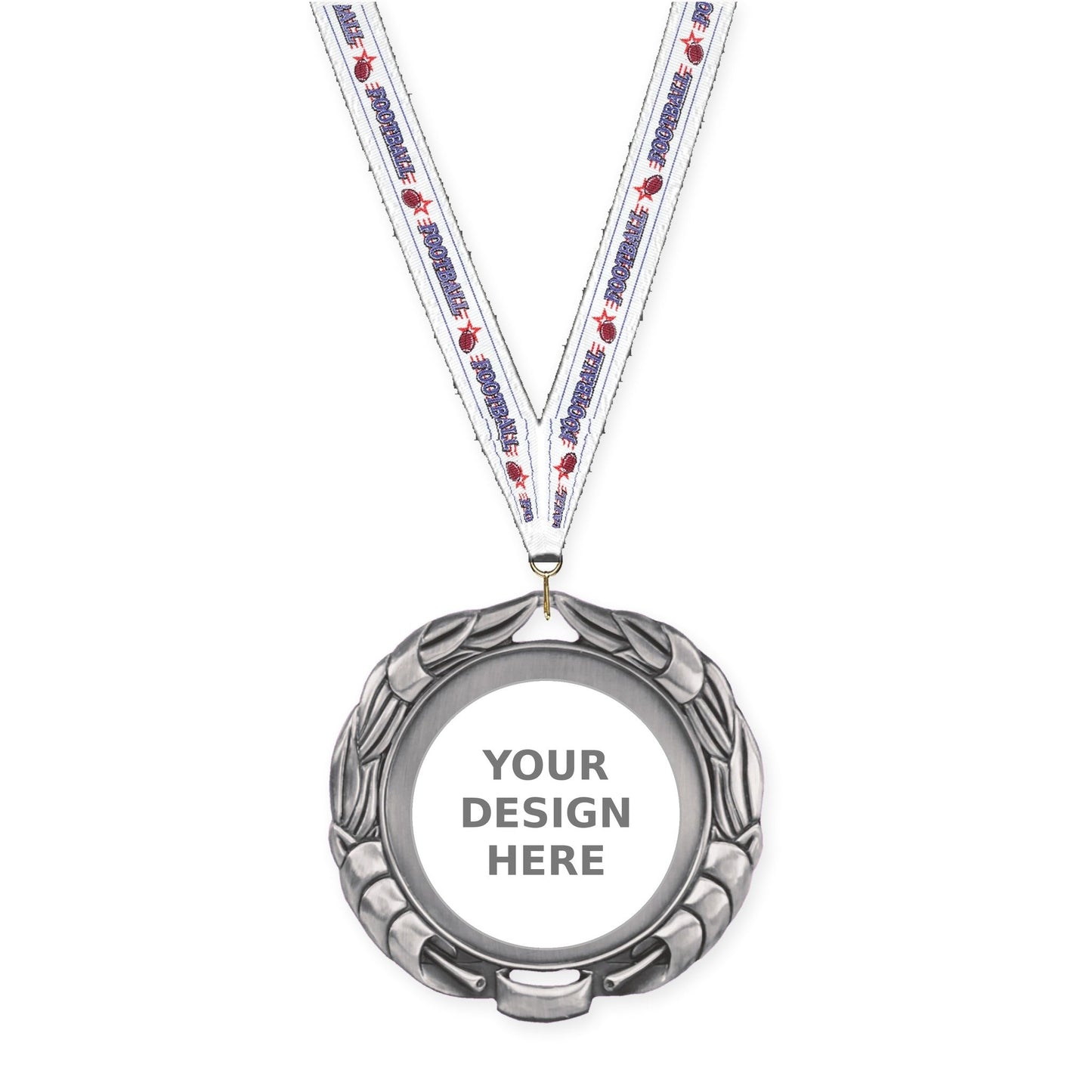 2 3/4 inch Double-Sided Wreath insert medal in antique silver with Football neck ribbon