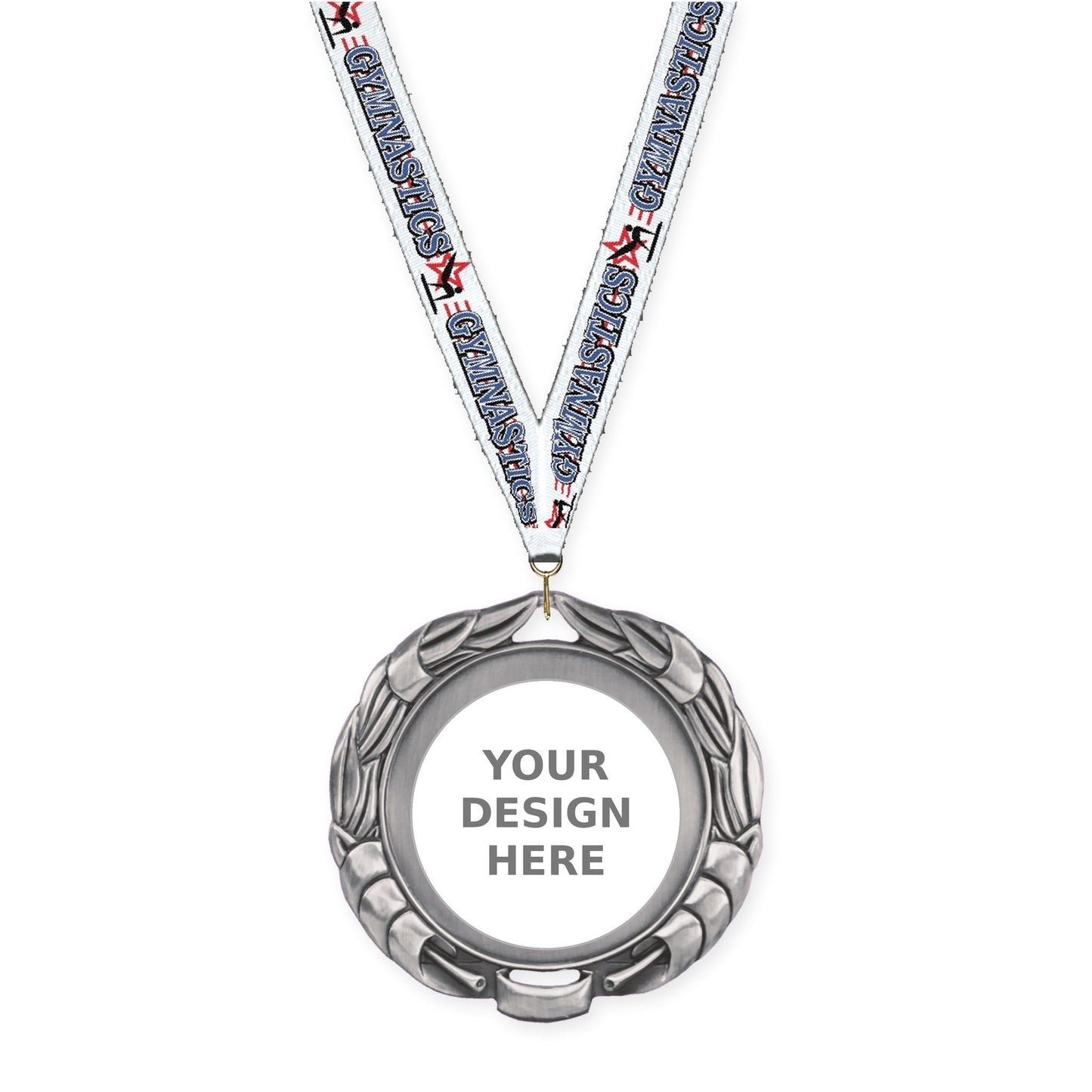 2 3/4 inch Double-Sided Wreath insert medal in antique silver with Gymnastics neck ribbon