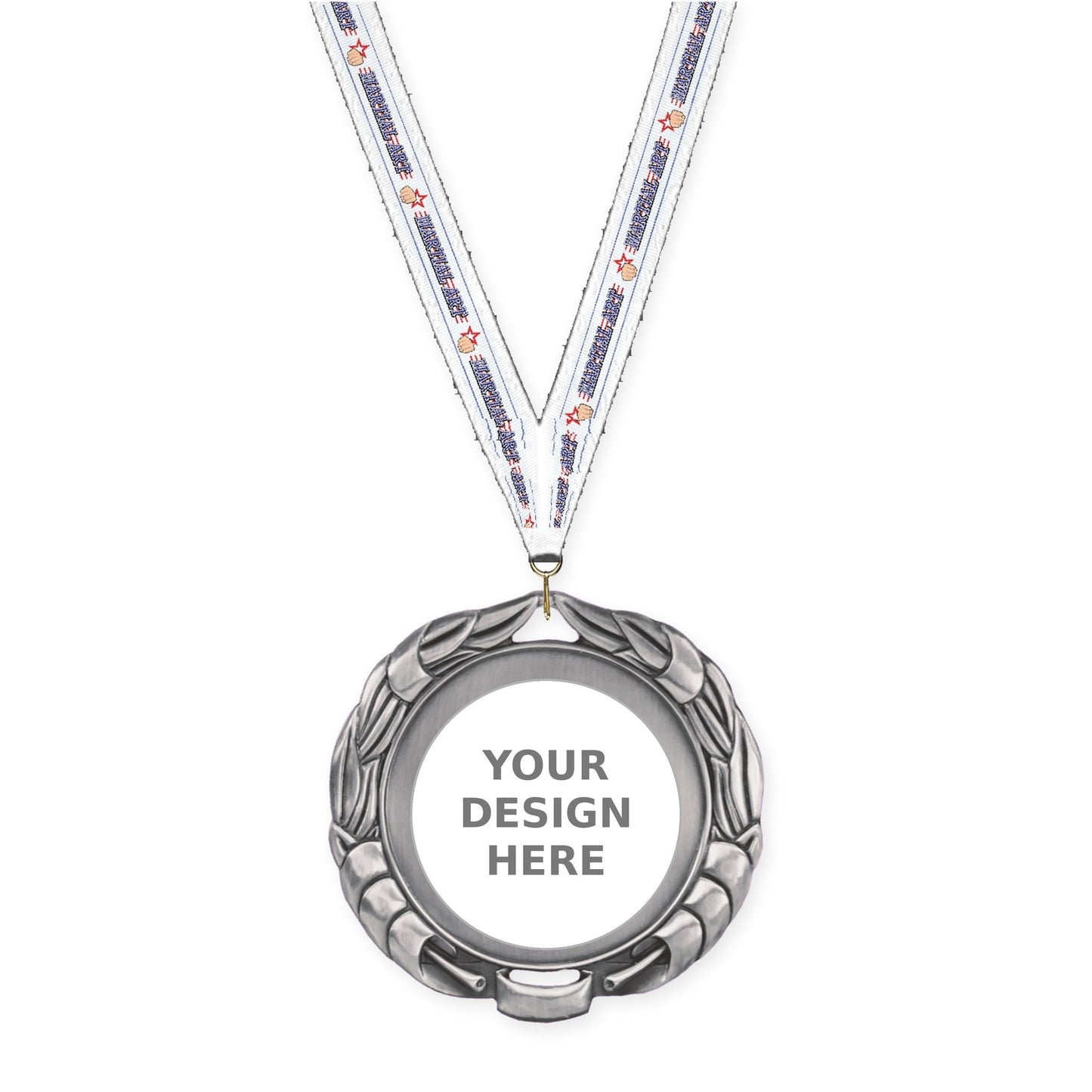 2 3/4 inch Double-Sided Wreath insert medal in antique silver with Martial Arts neck ribbon