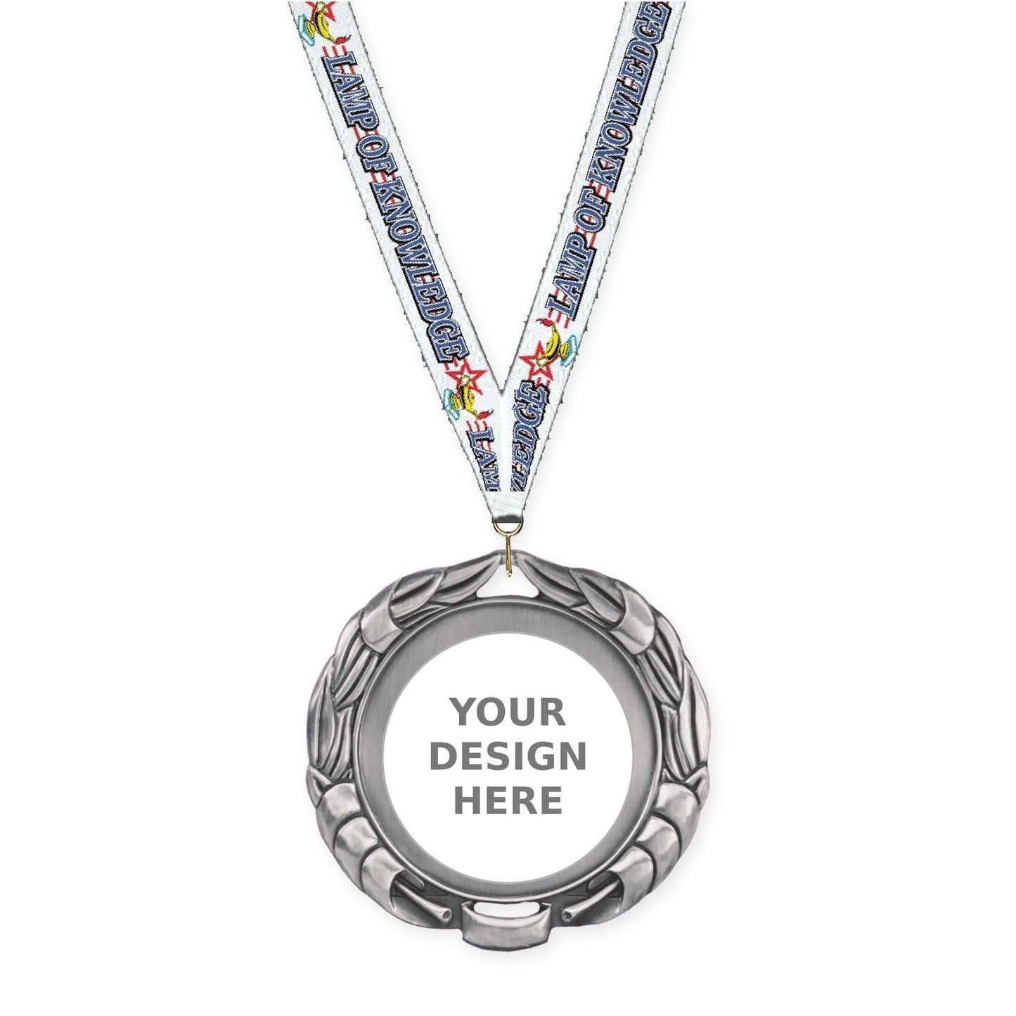 2 3/4 inch Double-Sided Wreath insert medal in antique silver with Lamp Of Knowledge neck ribbon