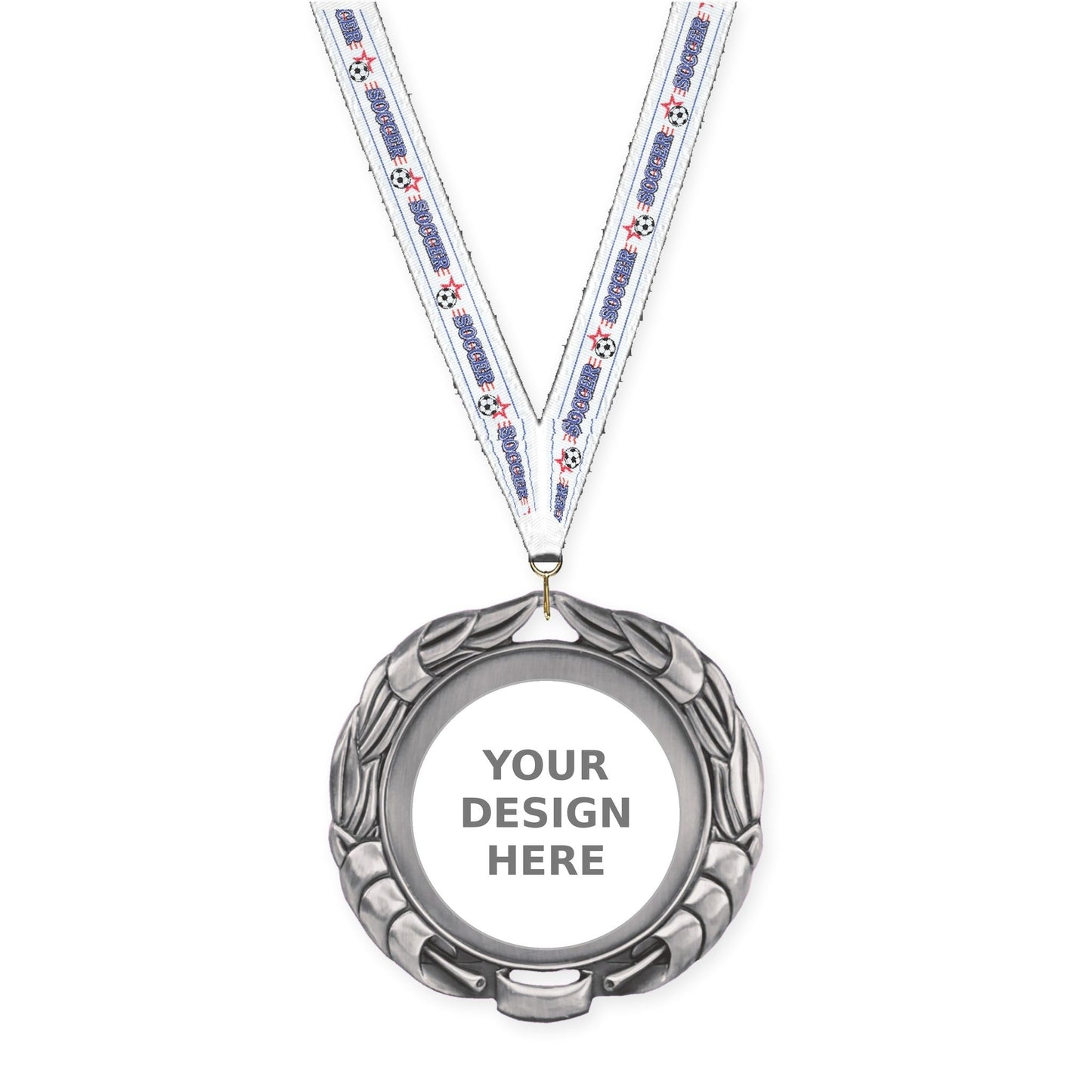 2 3/4 inch Double-Sided Wreath insert medal in antique silver with Soccer neck ribbon