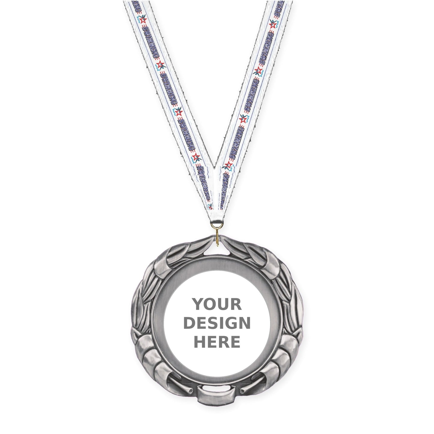 2 3/4 inch Double-Sided Wreath insert medal in antique silver with Swimming neck ribbon