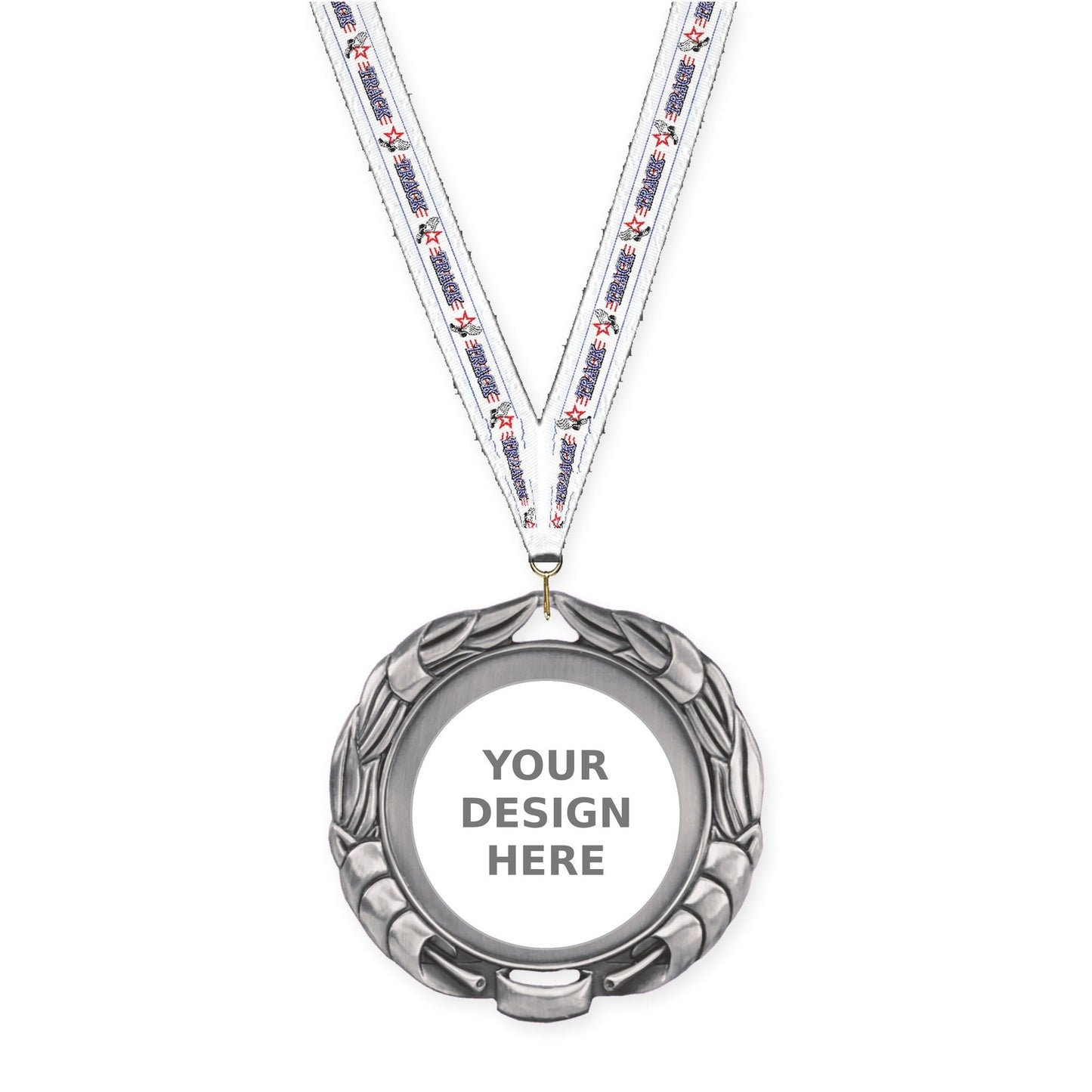 2 3/4 inch Double-Sided Wreath insert medal in antique silver with Track neck ribbon