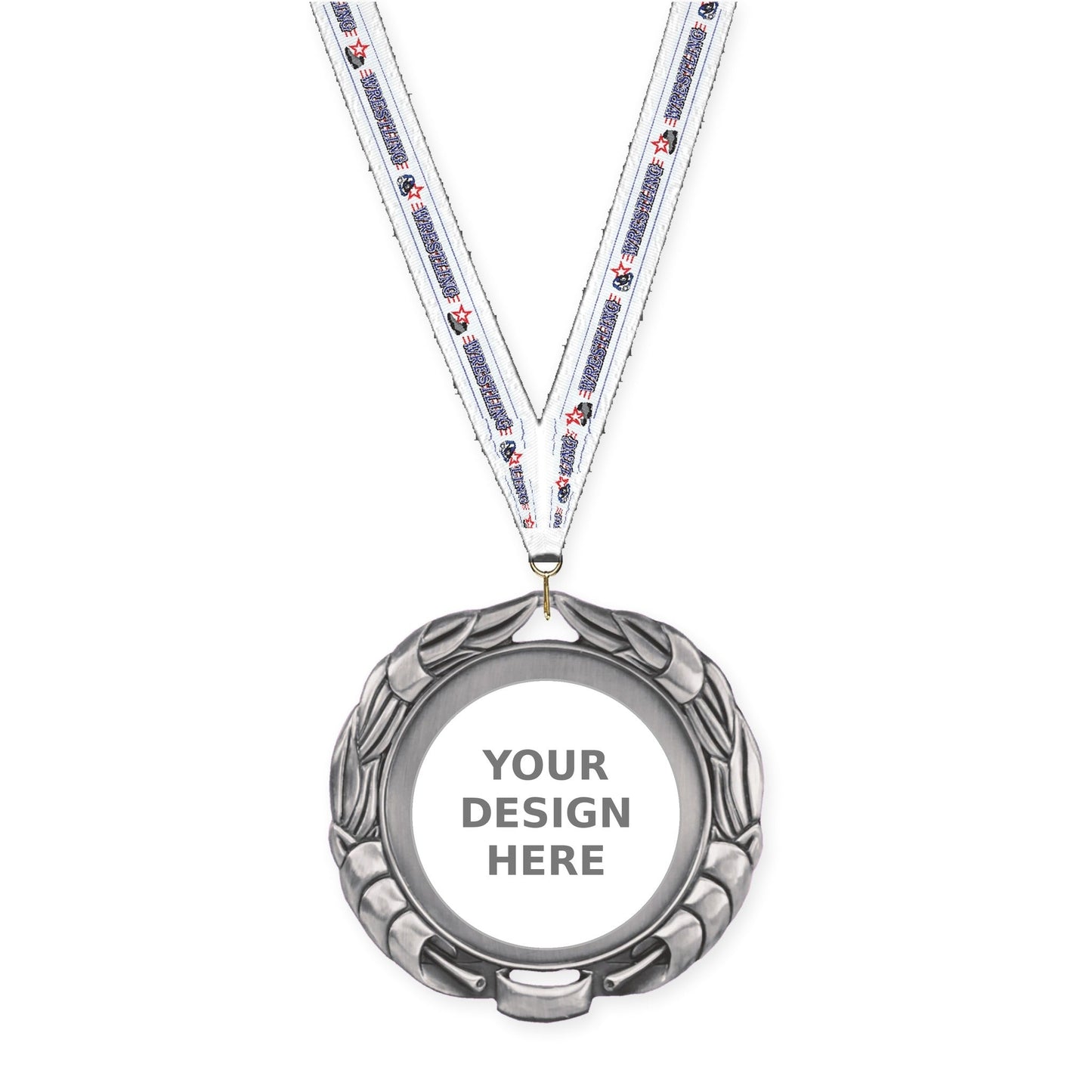 2 3/4 inch Double-Sided Wreath insert medal in antique silver with Wrestling neck ribbon