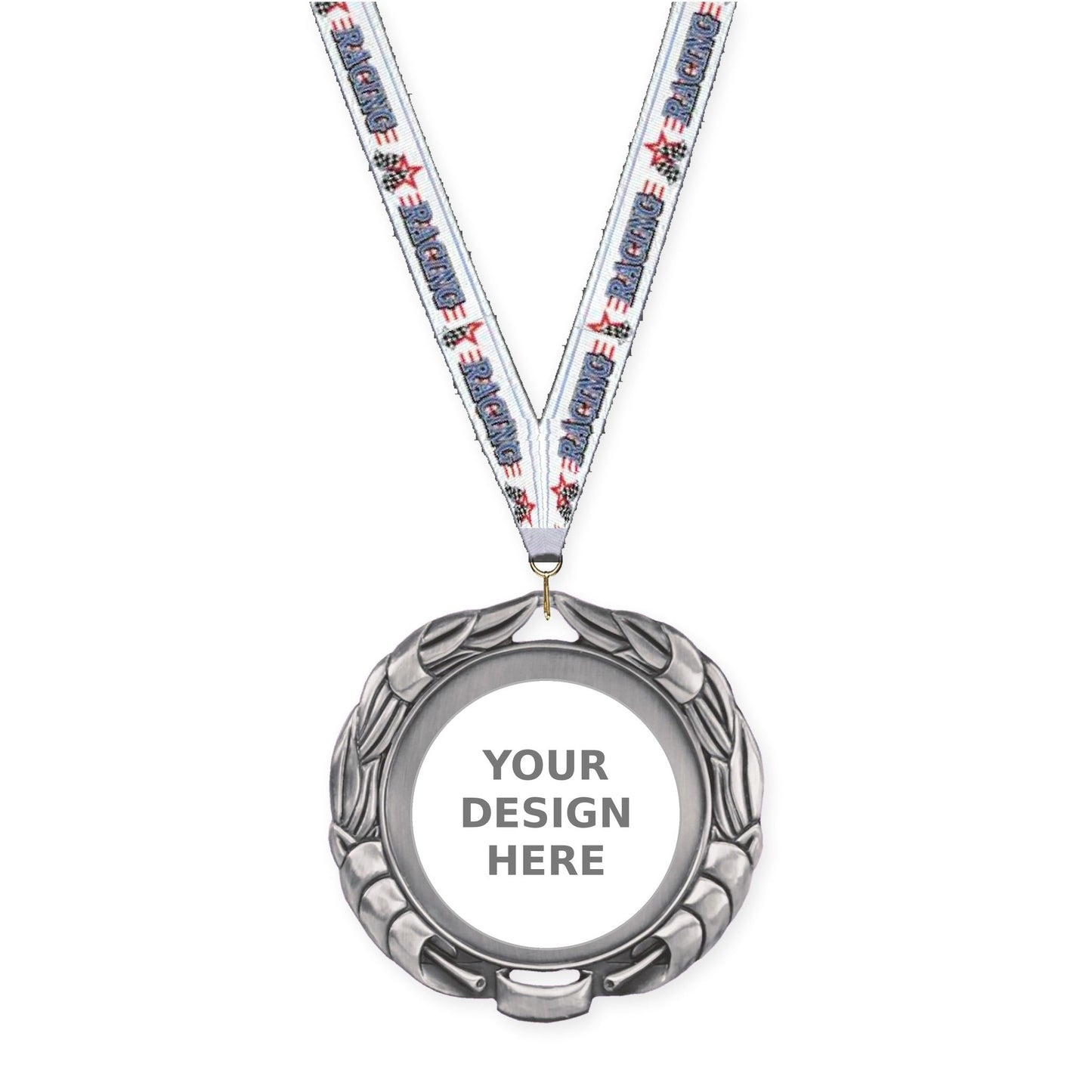 2 3/4 inch Double-Sided Wreath insert medal in antique silver with Auto Racing neck ribbon