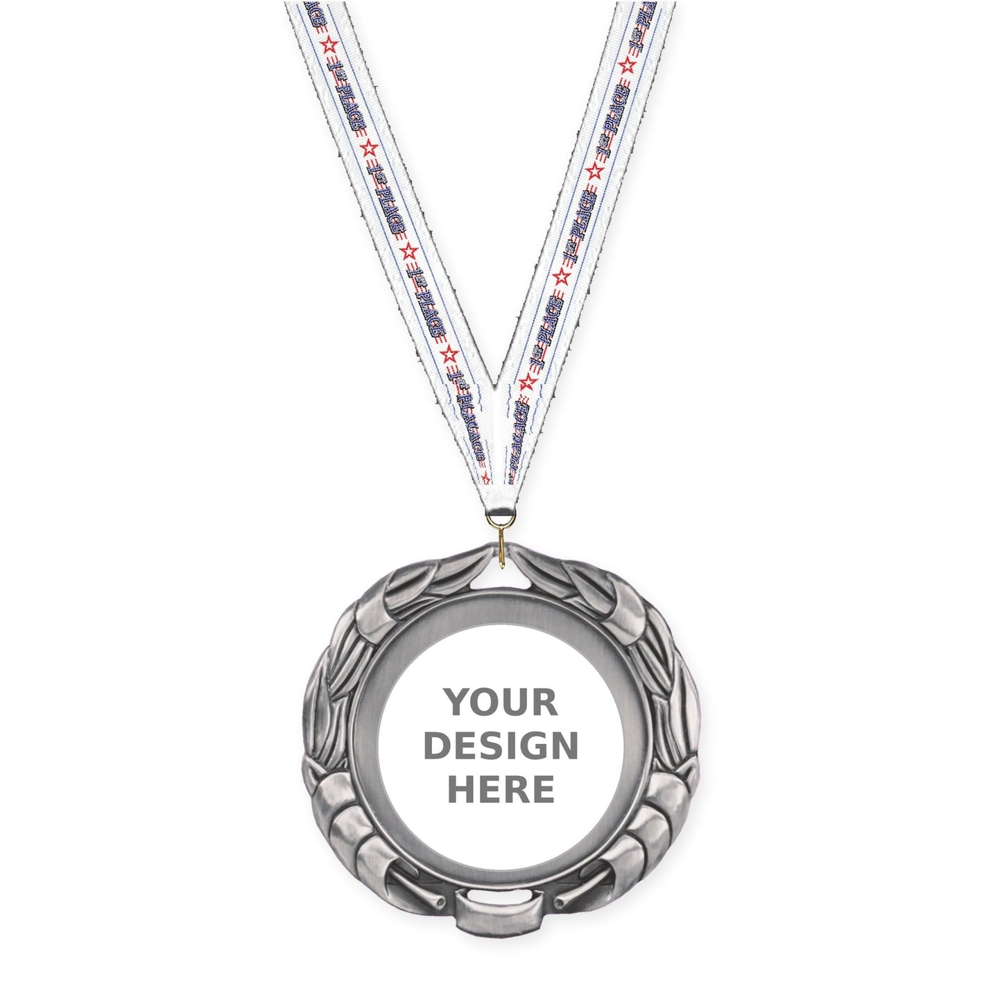 2 3/4 inch Double-Sided Wreath insert medal in antique silver with 1st Place neck ribbon