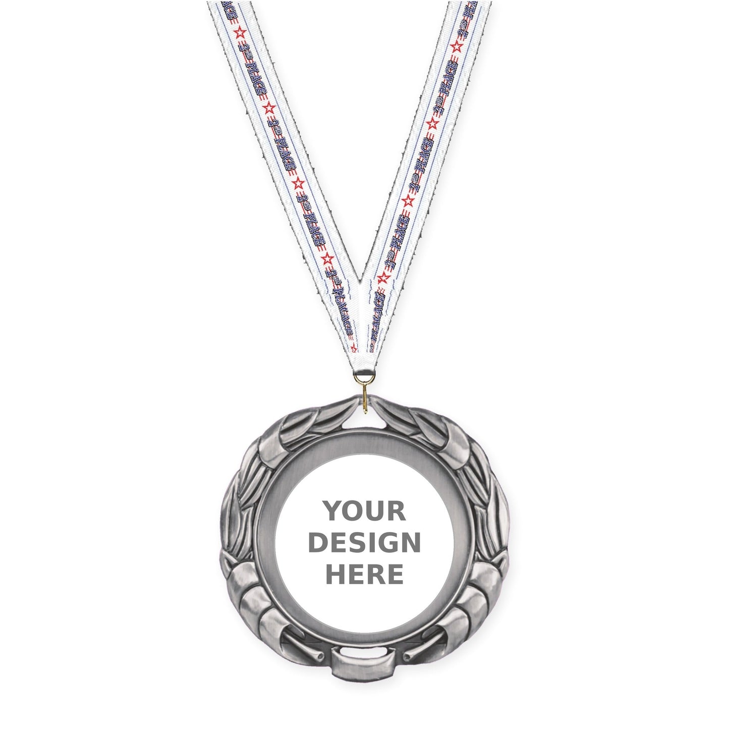 2 3/4 inch Double-Sided Wreath insert medal in antique silver with 2nd Place neck ribbon