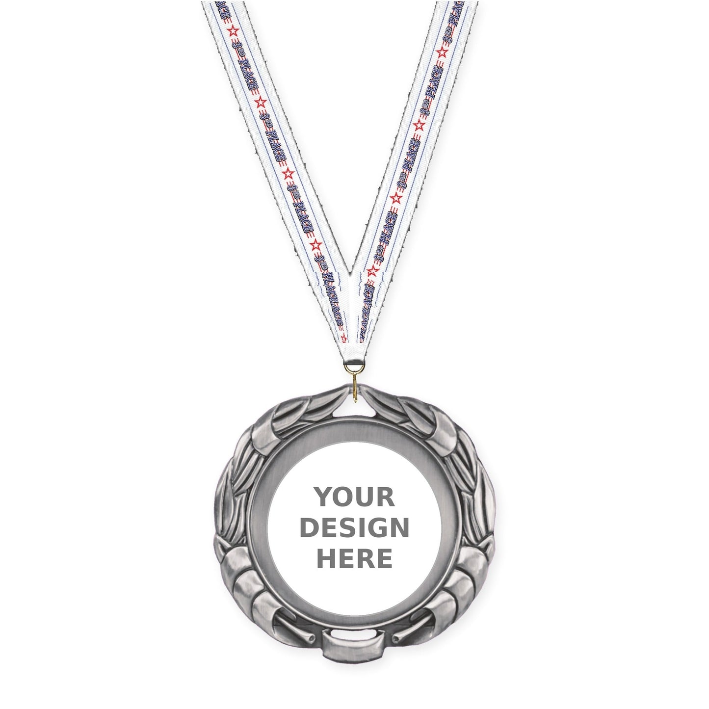 2 3/4 inch Double-Sided Wreath insert medal in antique silver with 3rd Place neck ribbon