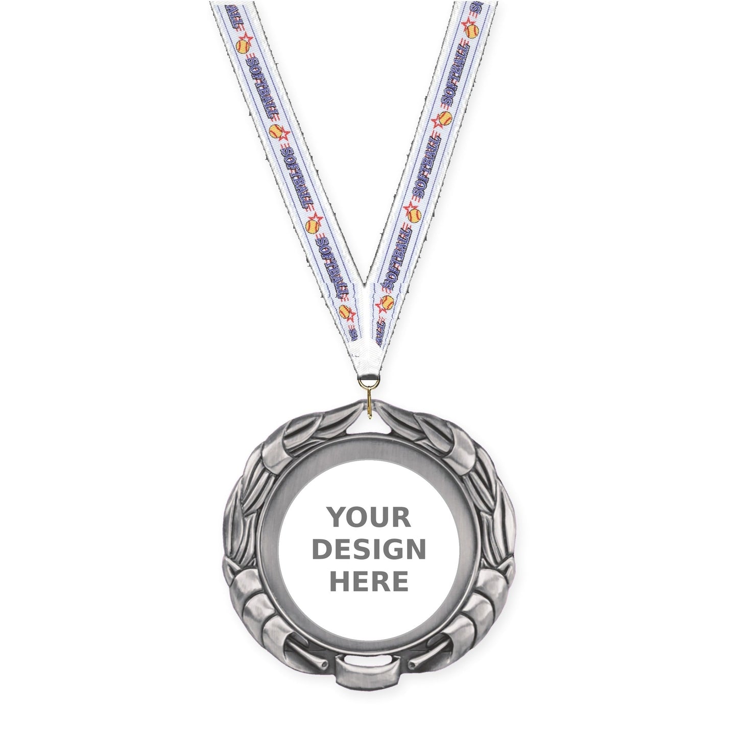 2 3/4 inch Double-Sided Wreath insert medal in antique silver with Softball neck ribbon