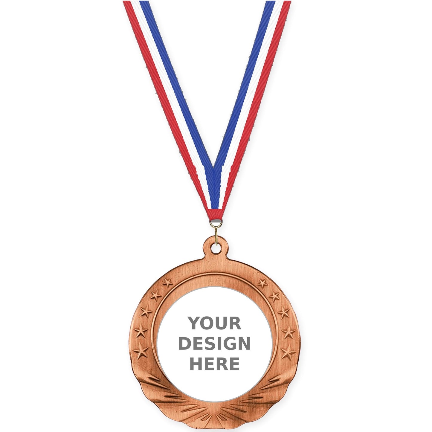 2 3/4 inch Starfield insert medal in antique bronze with Red White Blue neck ribbon