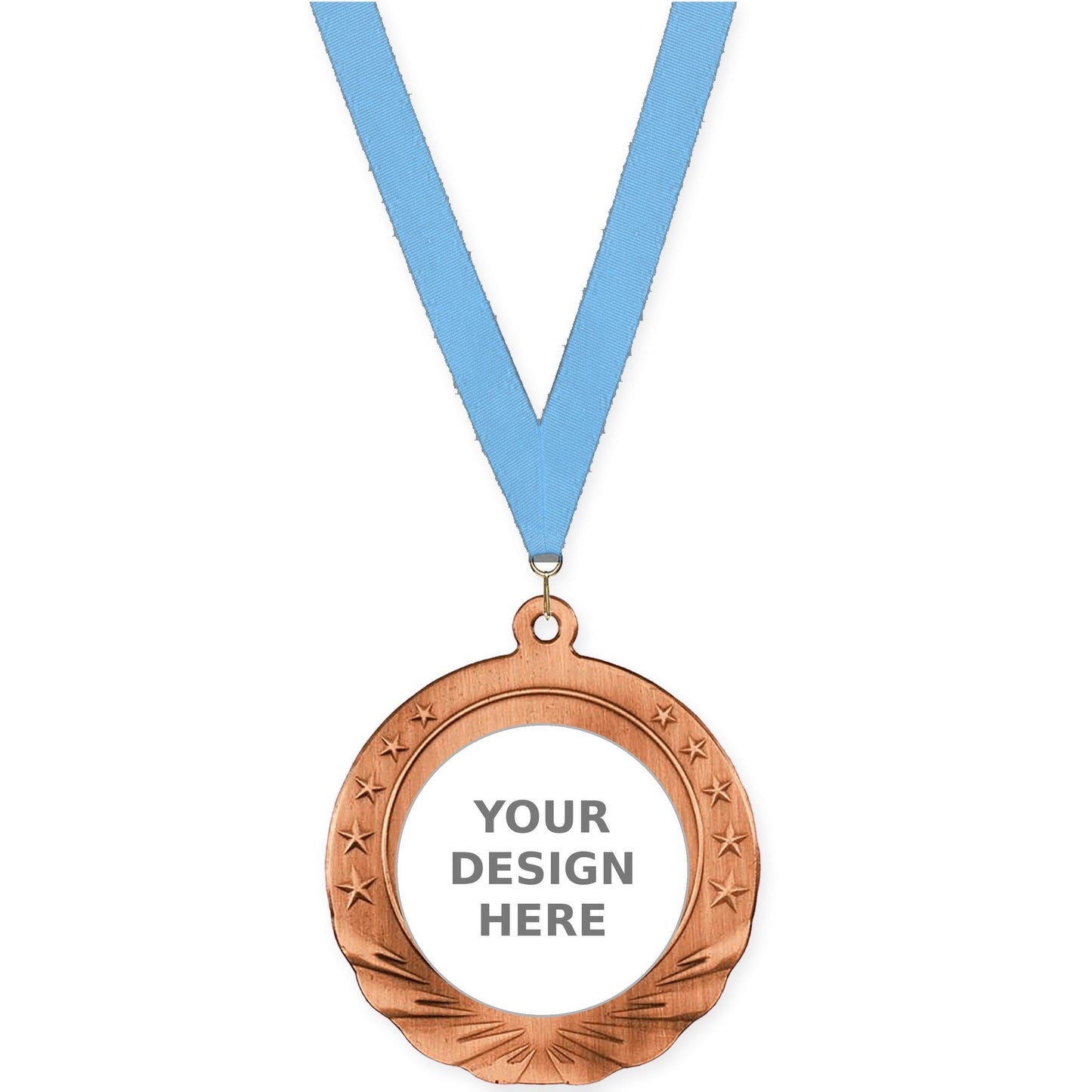 2 3/4 inch Starfield insert medal in antique bronze with Light Blue neck ribbon