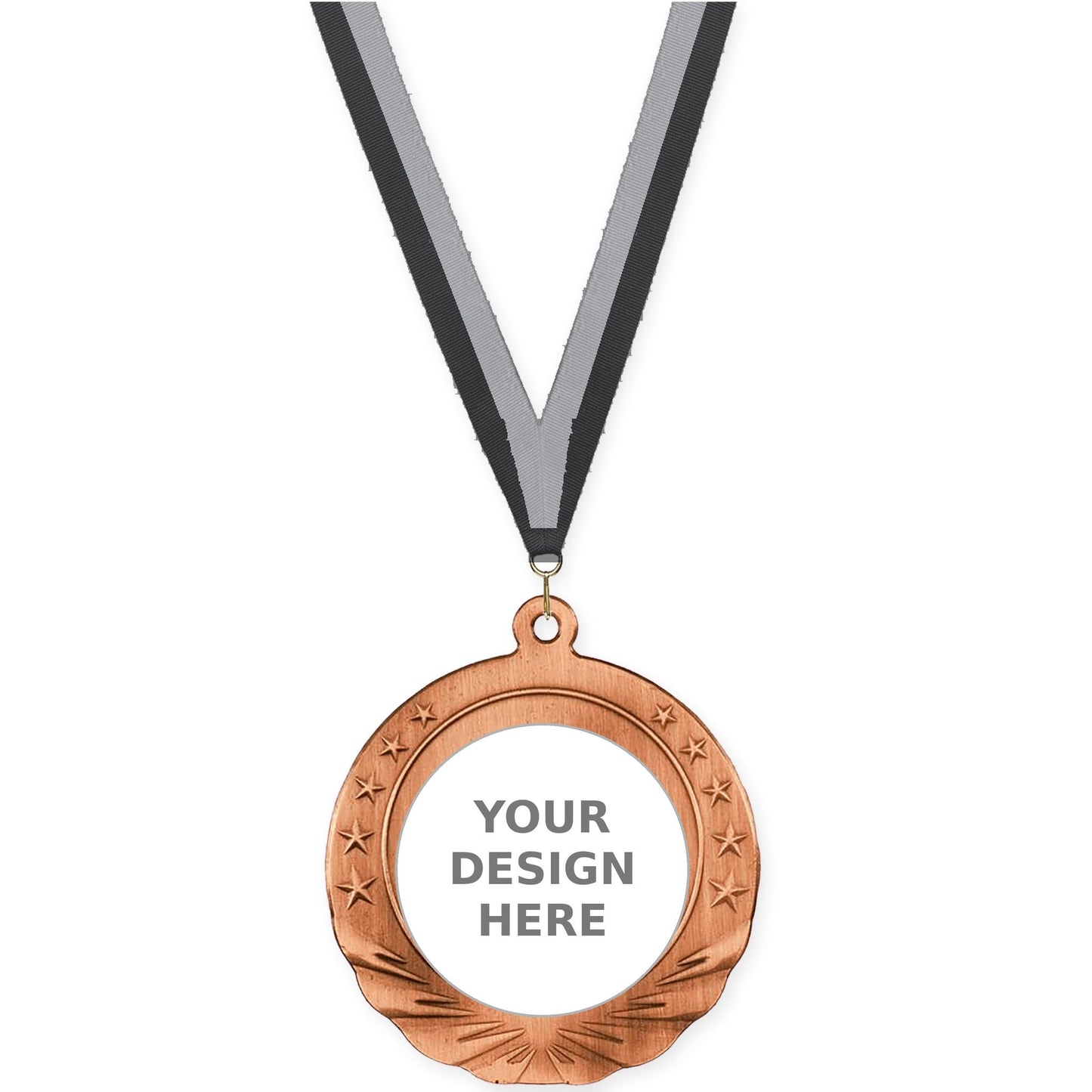 2 3/4 inch Starfield insert medal in antique bronze with Black Gray neck ribbon