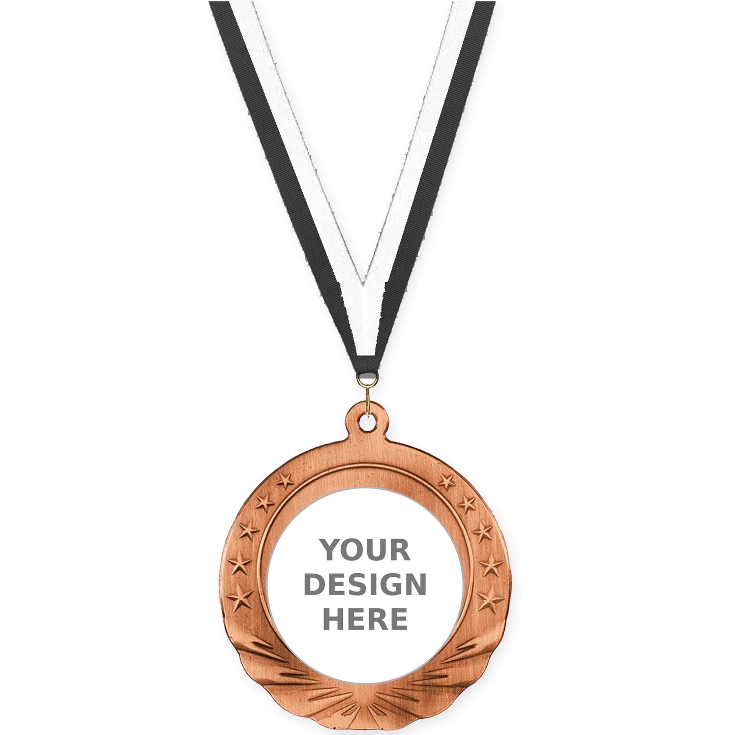 2 3/4 inch Starfield insert medal in antique bronze with Black White neck ribbon