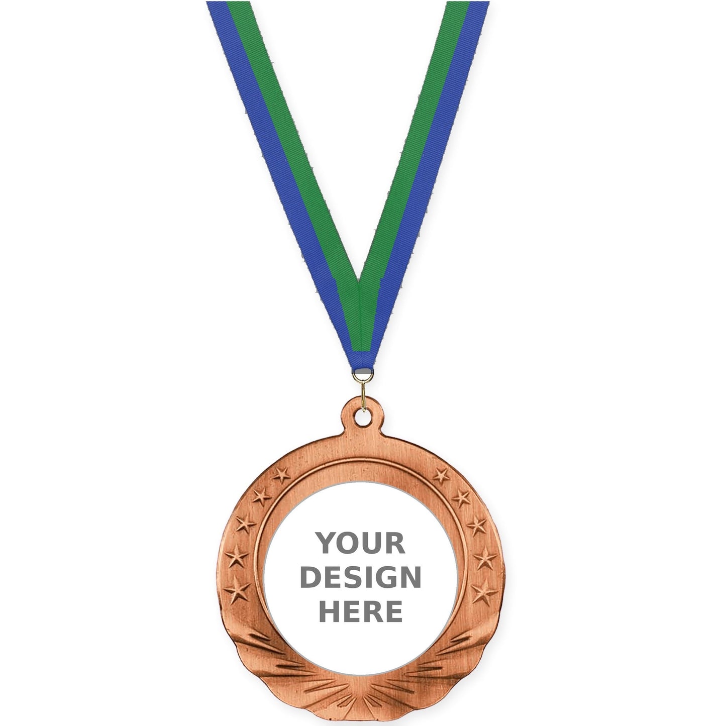 2 3/4 inch Starfield insert medal in antique bronze with Blue Green neck ribbon
