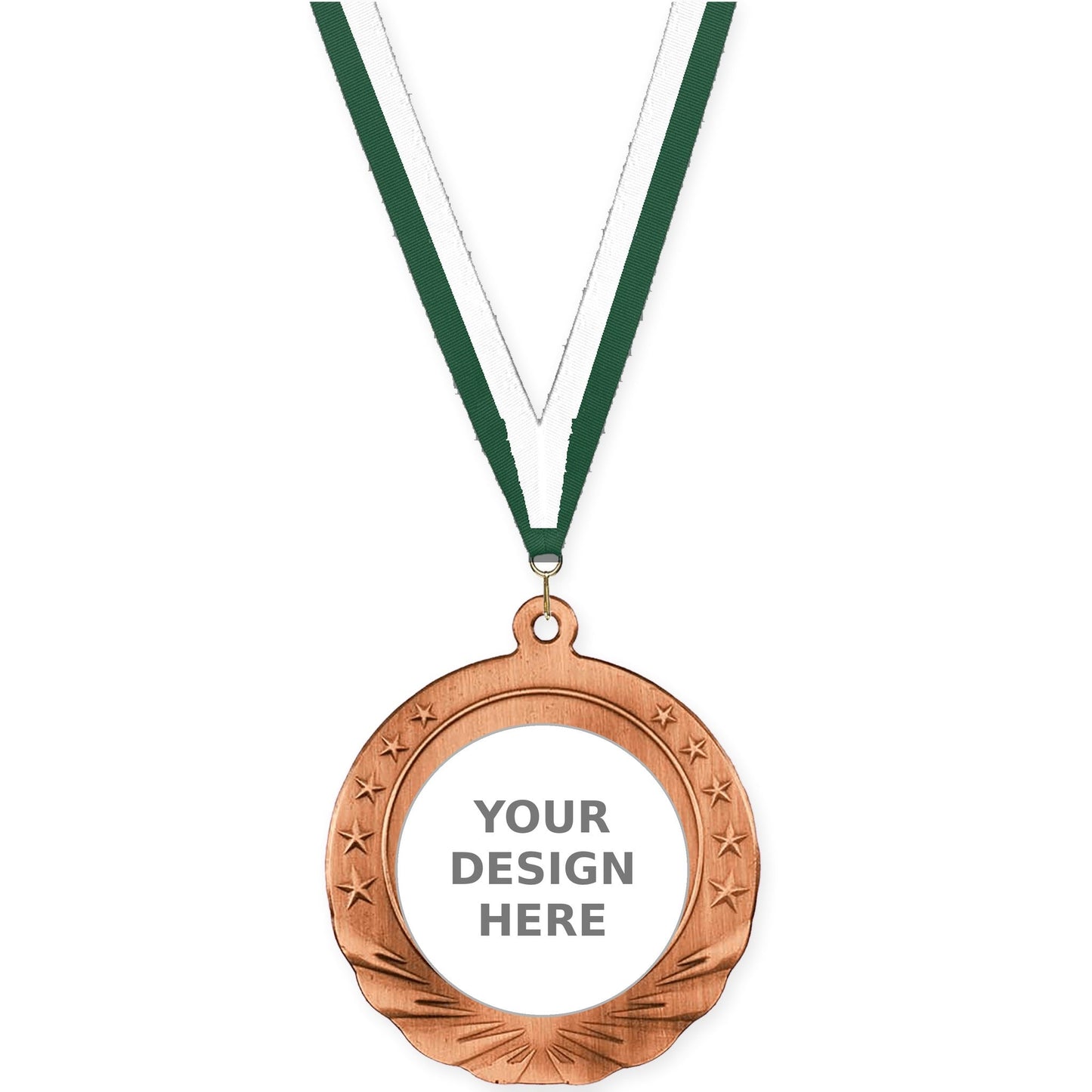 2 3/4 inch Starfield insert medal in antique bronze with Hunter Green White neck ribbon