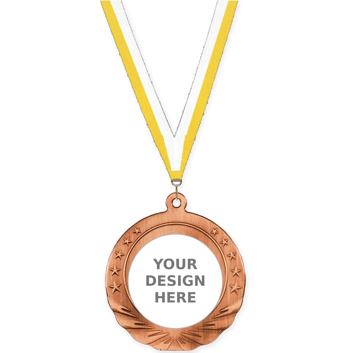 2 3/4 inch Starfield insert medal in antique bronze with Yellow White neck ribbon