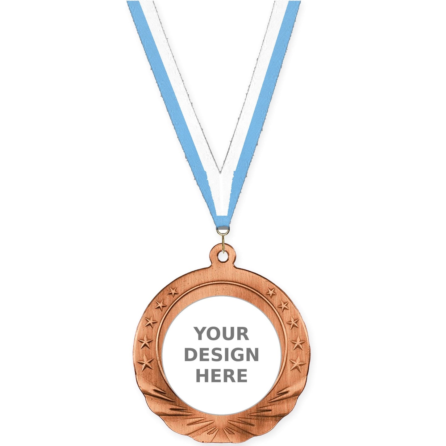 2 3/4 inch Starfield insert medal in antique bronze with Light Blue White neck ribbon