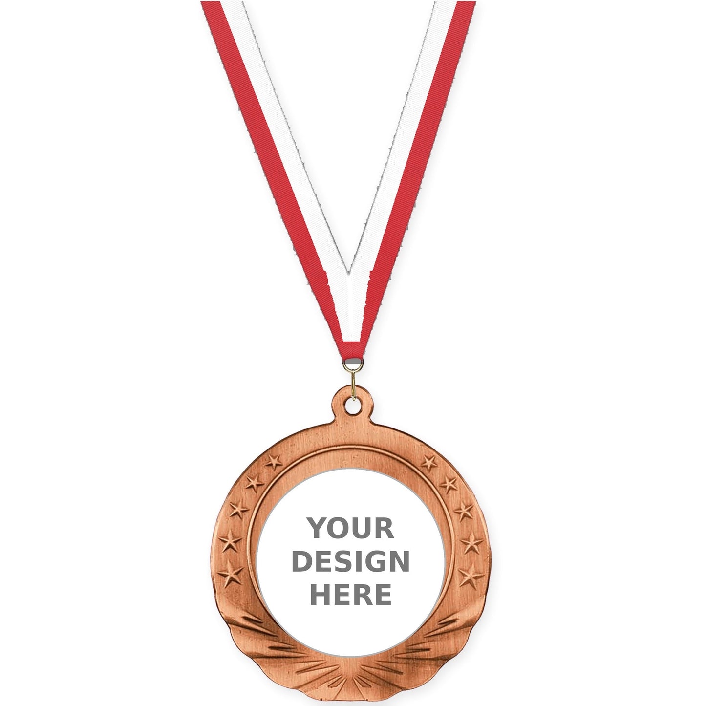 2 3/4 inch Starfield insert medal in antique bronze with Red White neck ribbon