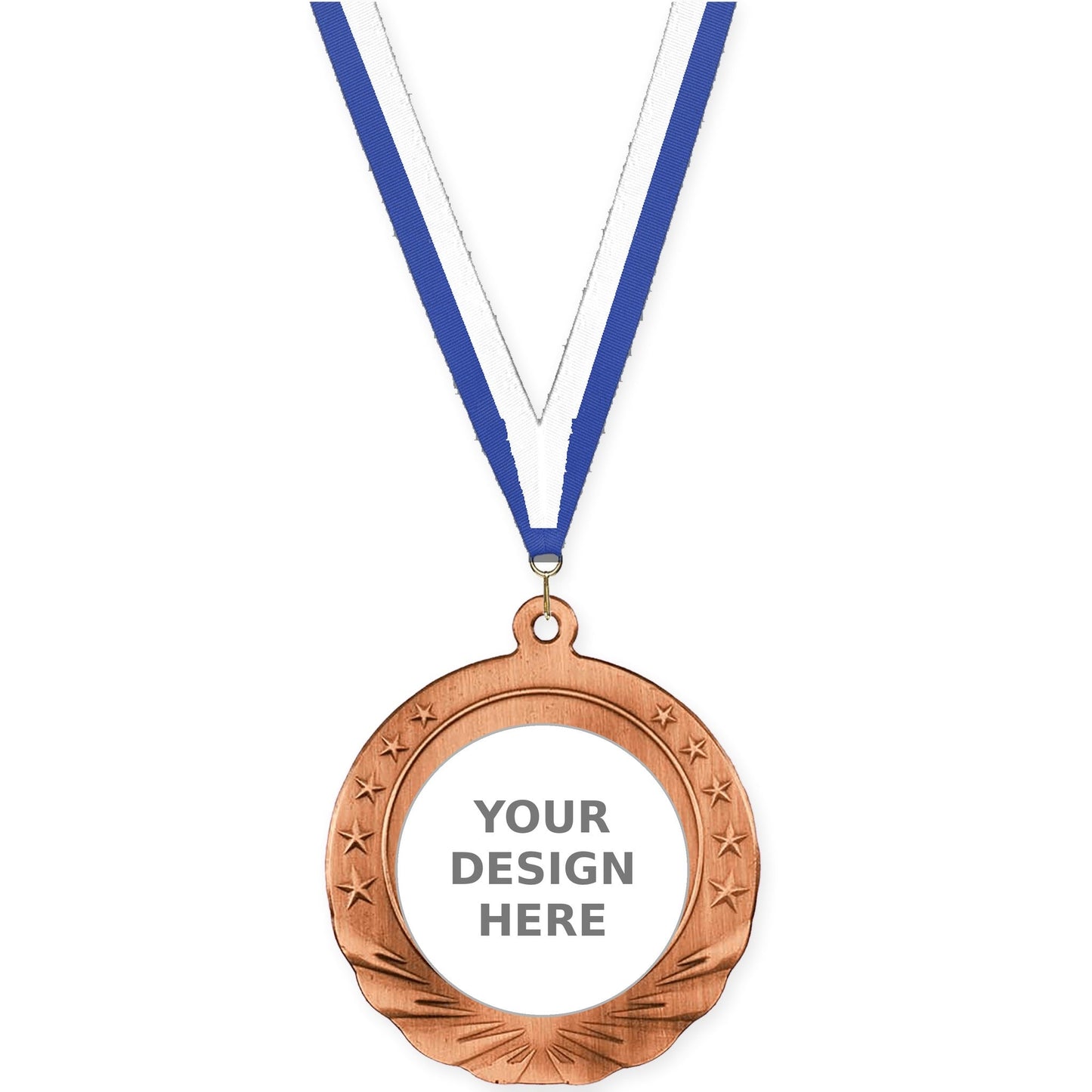 2 3/4 inch Starfield insert medal in antique bronze with Blue White neck ribbon
