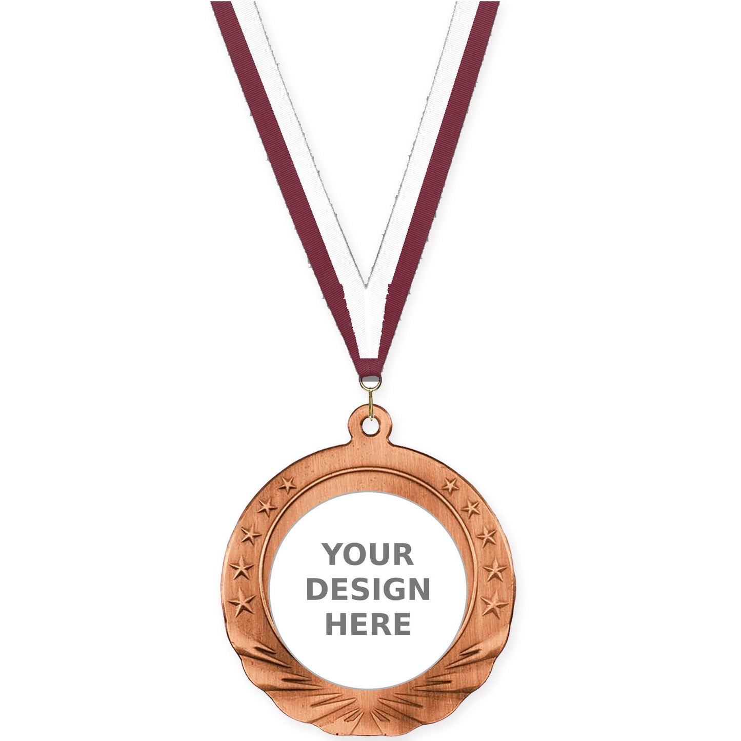 2 3/4 inch Starfield insert medal in antique bronze with Maroon White neck ribbon