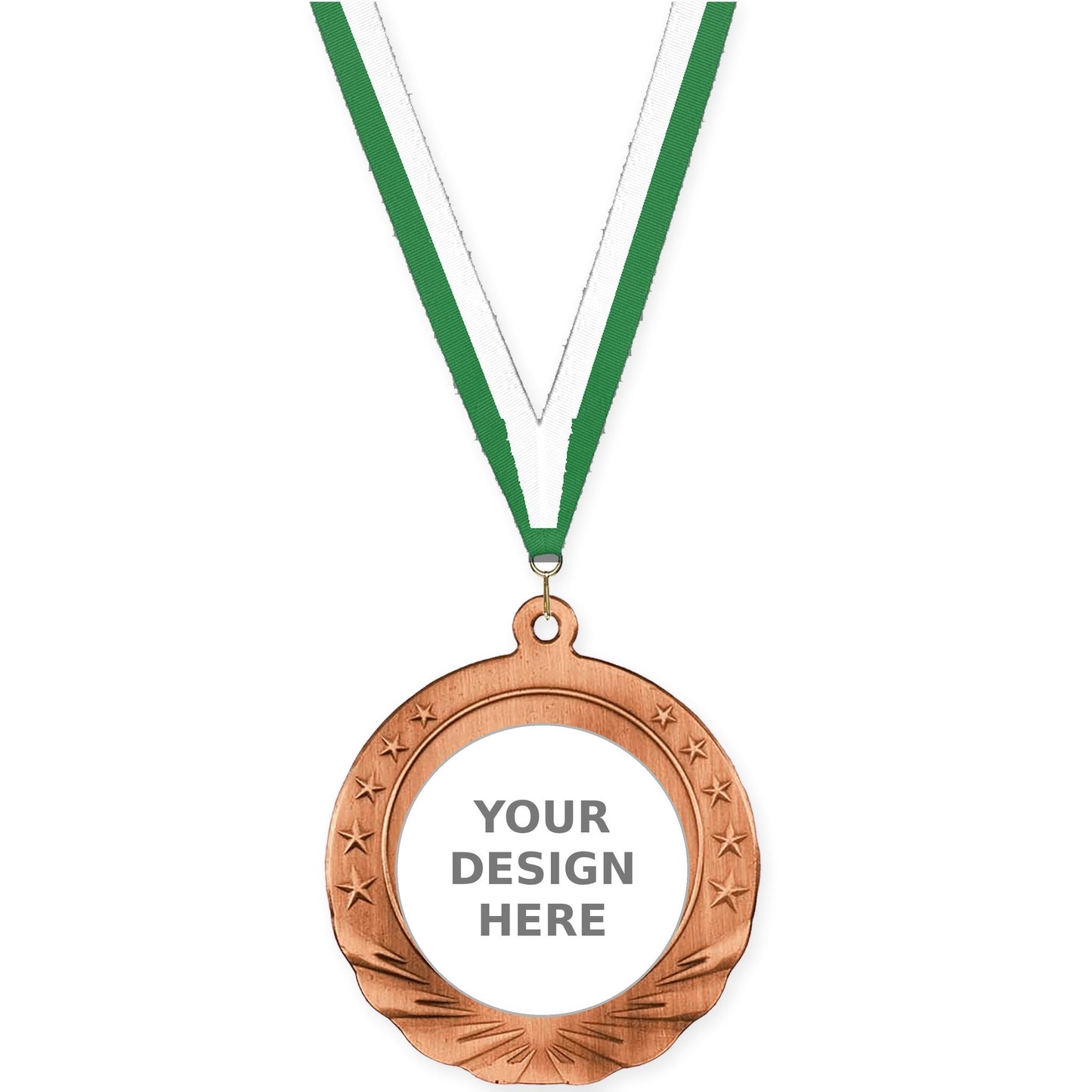 2 3/4 inch Starfield insert medal in antique bronze with Green White neck ribbon