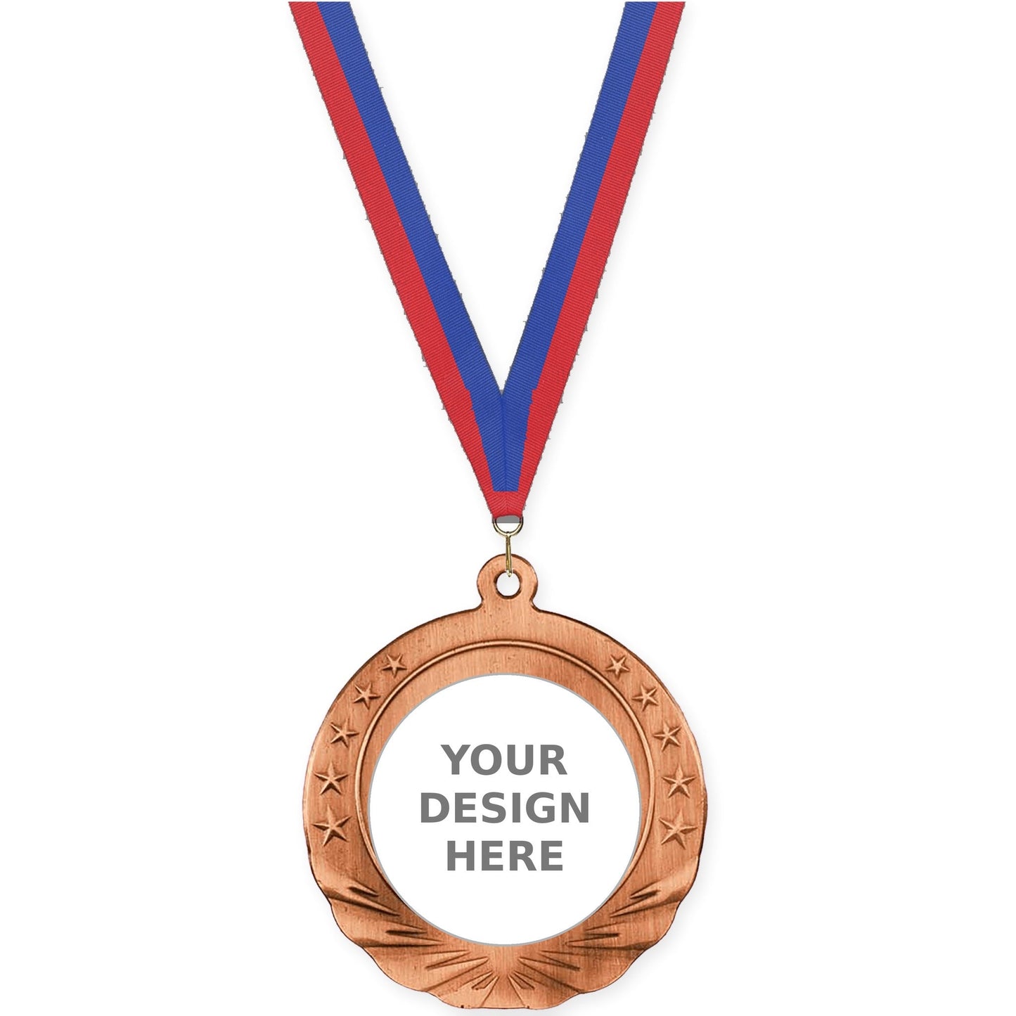 2 3/4 inch Starfield insert medal in antique bronze with Blue Red neck ribbon