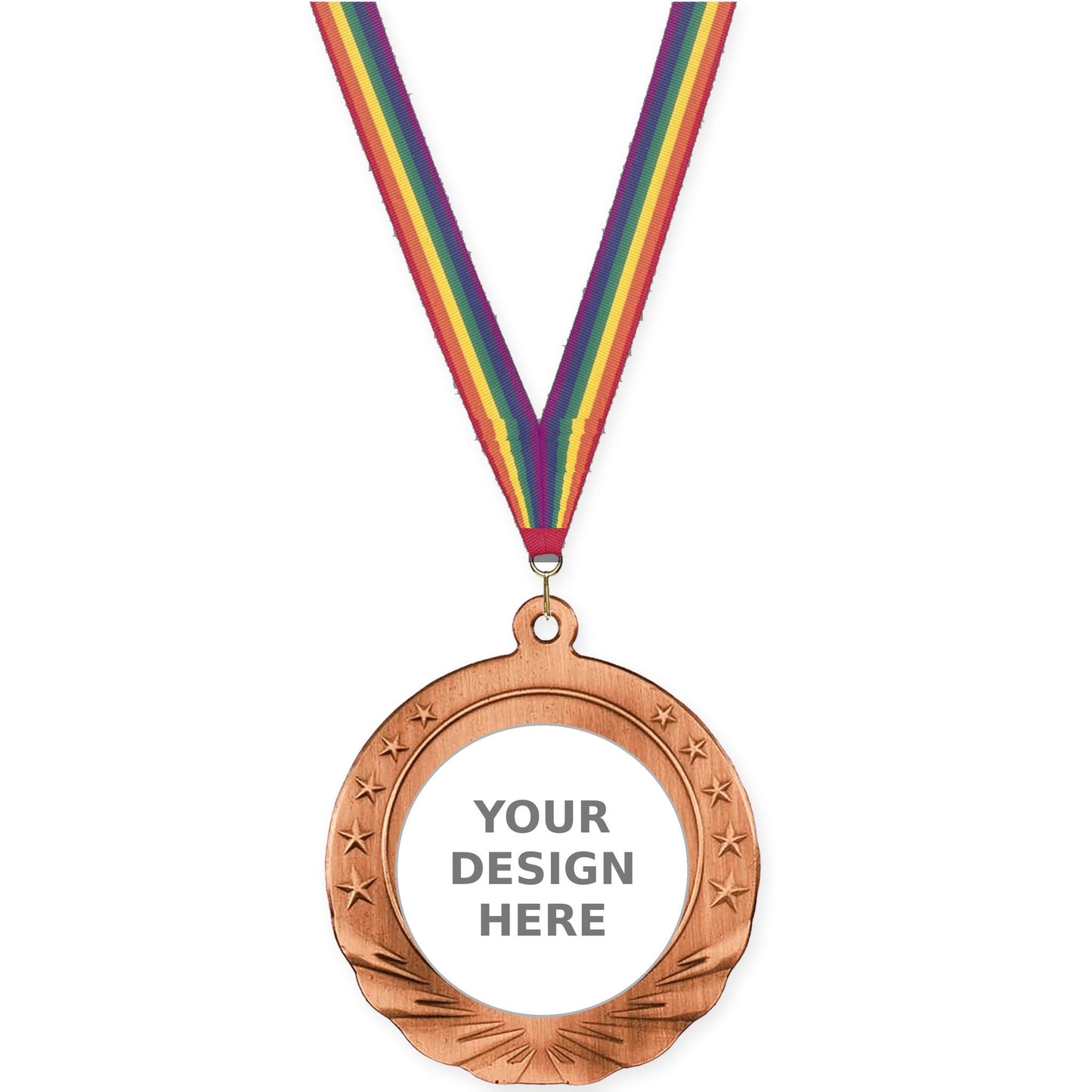 2 3/4 inch Starfield insert medal in antique bronze with Rainbow neck ribbon
