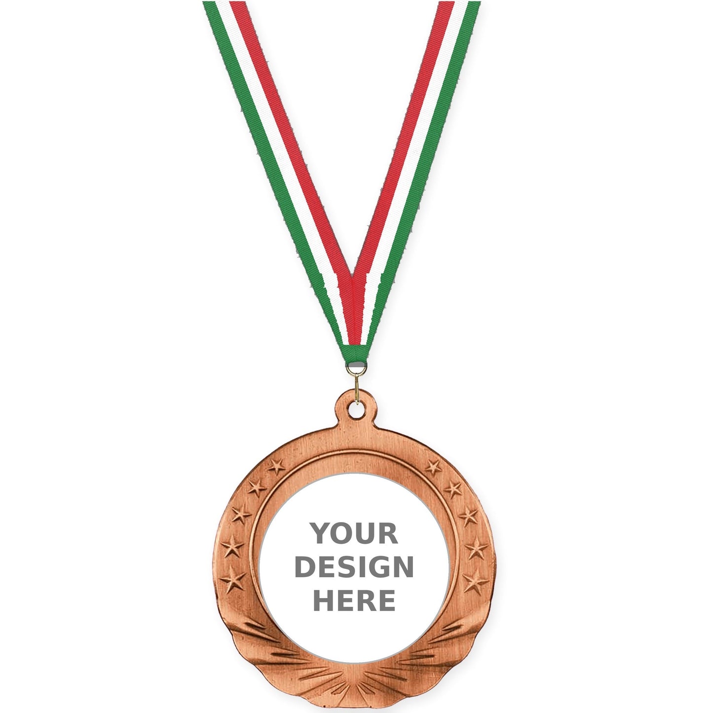 2 3/4 inch Starfield insert medal in antique bronze with Green White Red neck ribbon