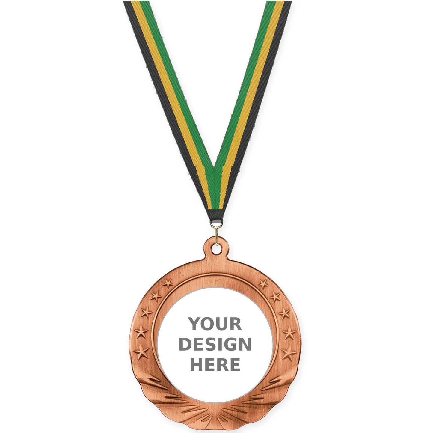2 3/4 inch Starfield insert medal in antique bronze with Black Gold Green neck ribbon
