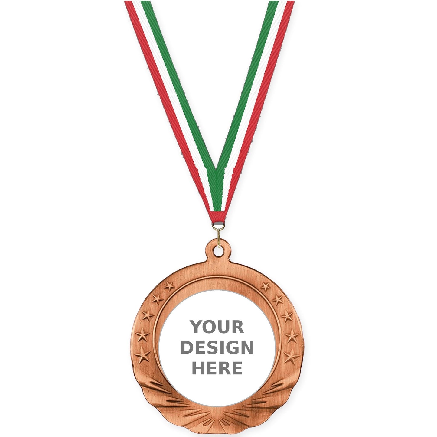 2 3/4 inch Starfield insert medal in antique bronze with Red White Green neck ribbon