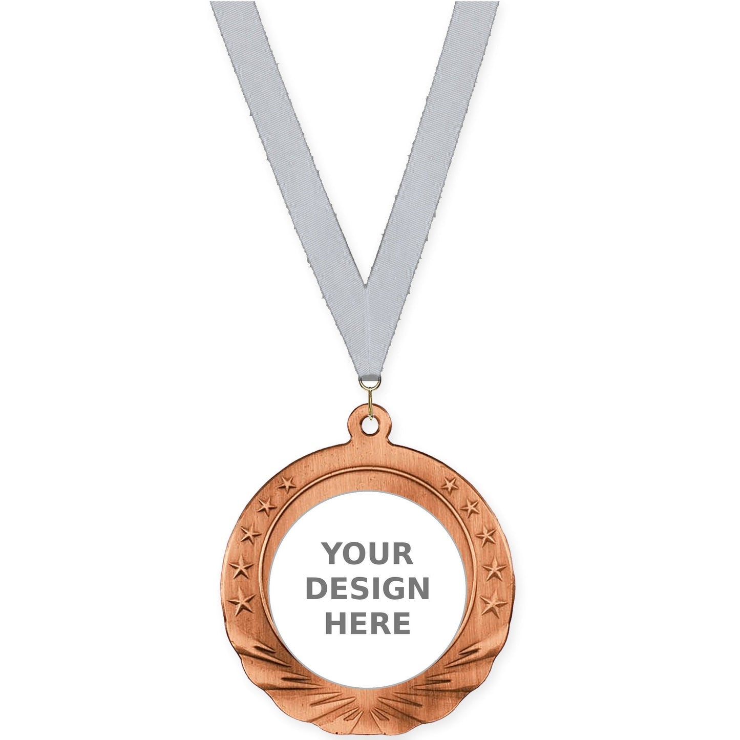 2 3/4 inch Starfield insert medal in antique bronze with Silver Metallic neck ribbon