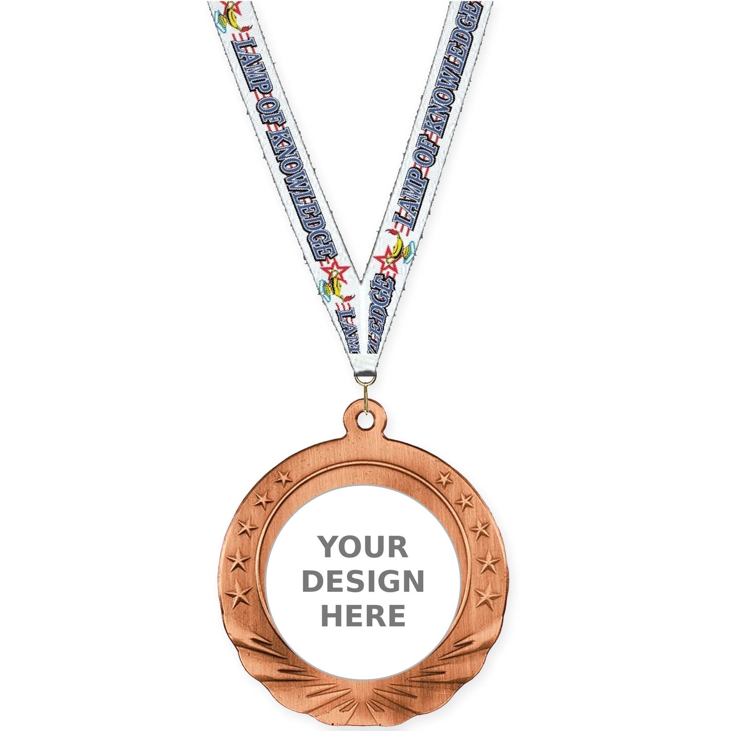 2 3/4 inch Starfield insert medal in antique bronze with Lamp Of Knowledge neck ribbon