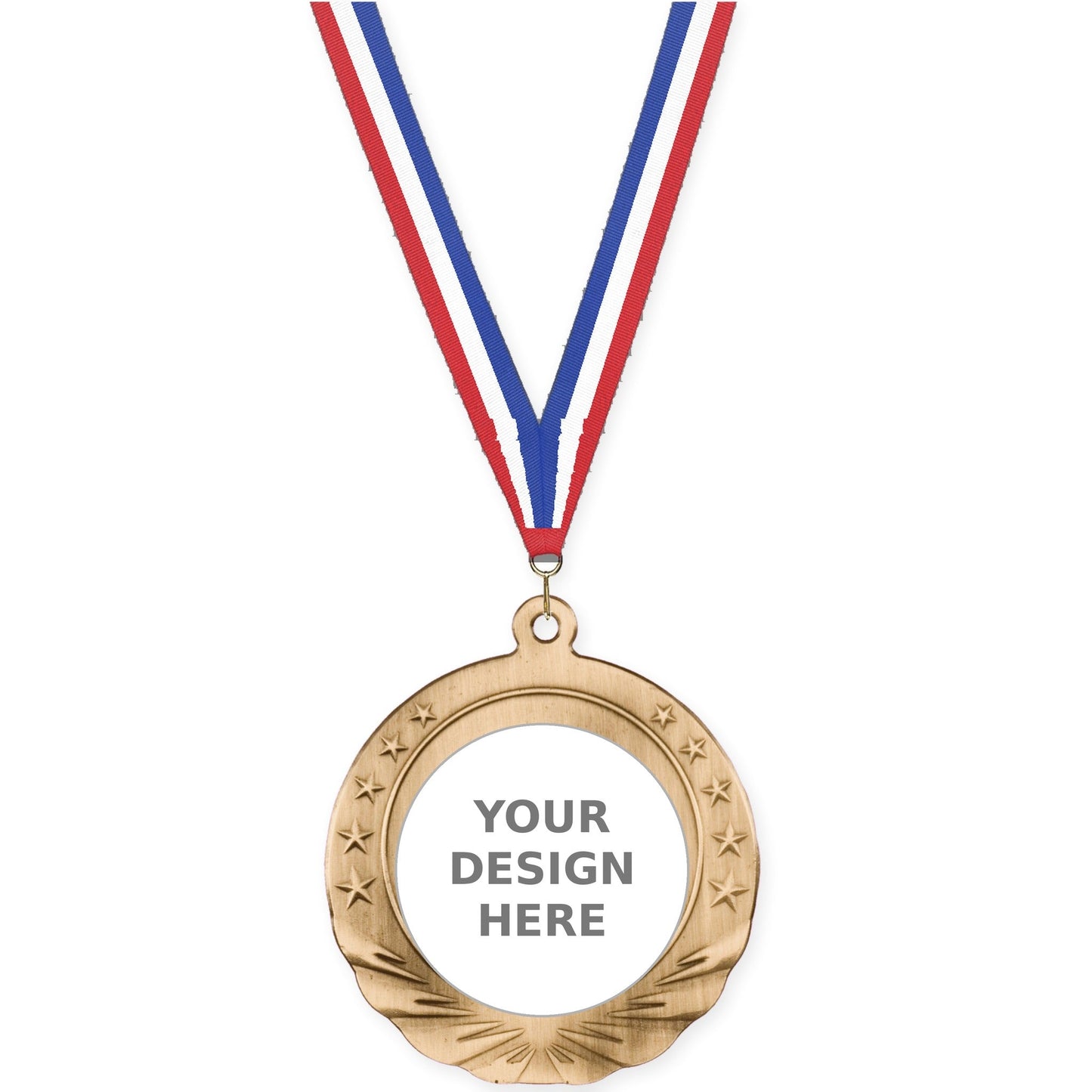 2 3/4 inch Starfield insert medal in antique gold with Red White Blue neck ribbon