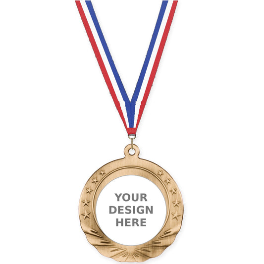 2 3/4 inch Starfield insert medal in antique gold with Red White Blue neck ribbon