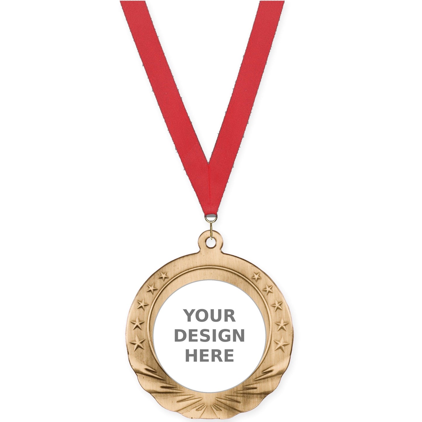 2 3/4 inch Starfield insert medal in antique gold with Red neck ribbon