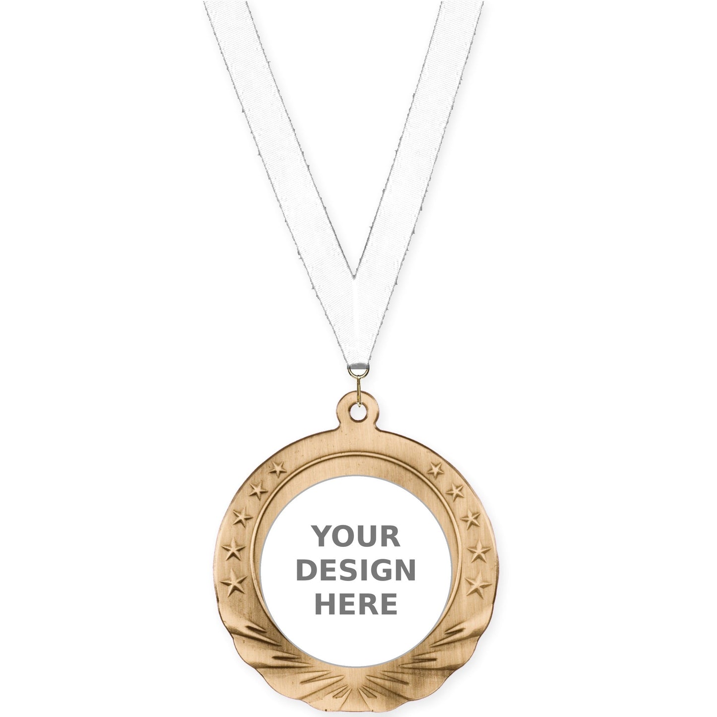 2 3/4 inch Starfield insert medal in antique gold with White neck ribbon