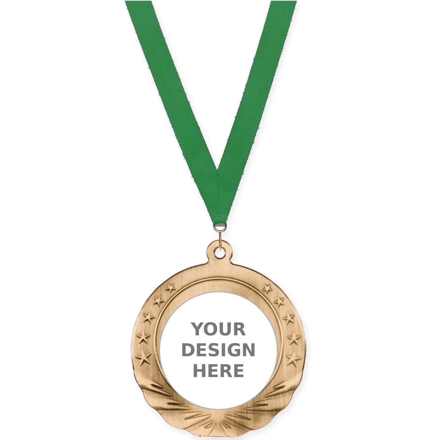 2 3/4 inch Starfield insert medal in antique gold with Green neck ribbon