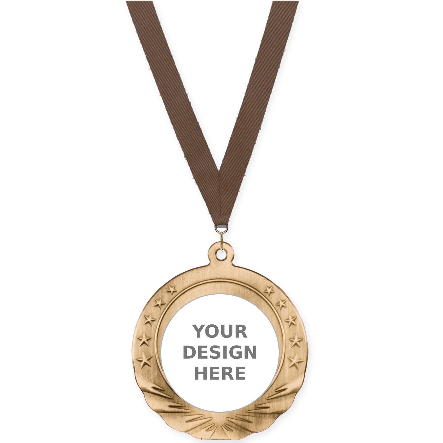 2 3/4 inch Starfield insert medal in antique gold with Brown neck ribbon