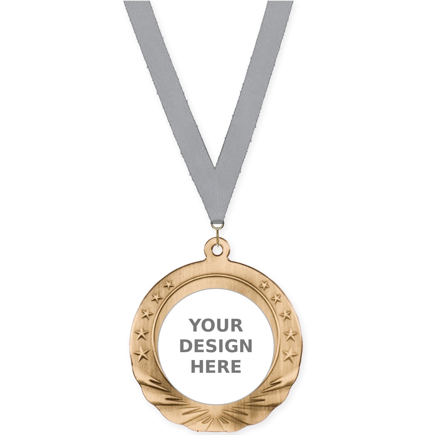 2 3/4 inch Starfield insert medal in antique gold with Gray neck ribbon