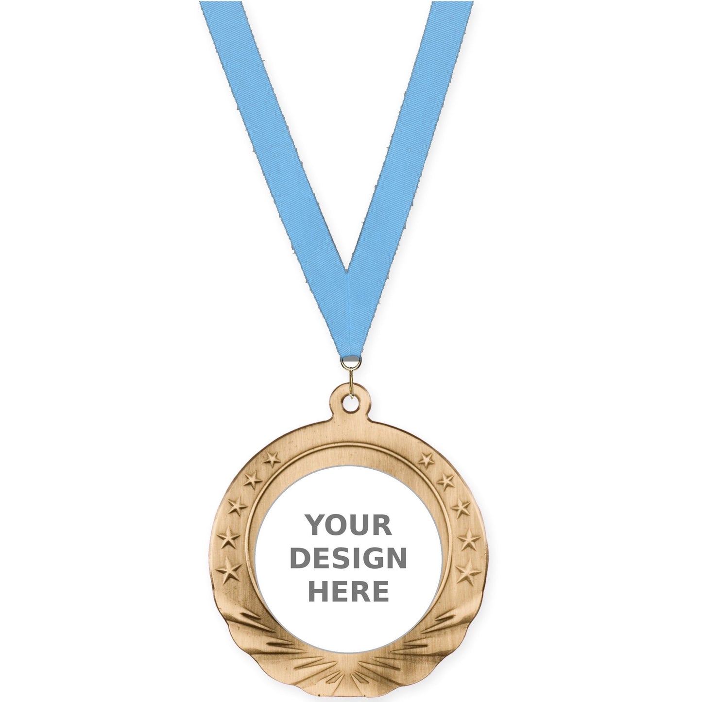 2 3/4 inch Starfield insert medal in antique gold with Light Blue neck ribbon