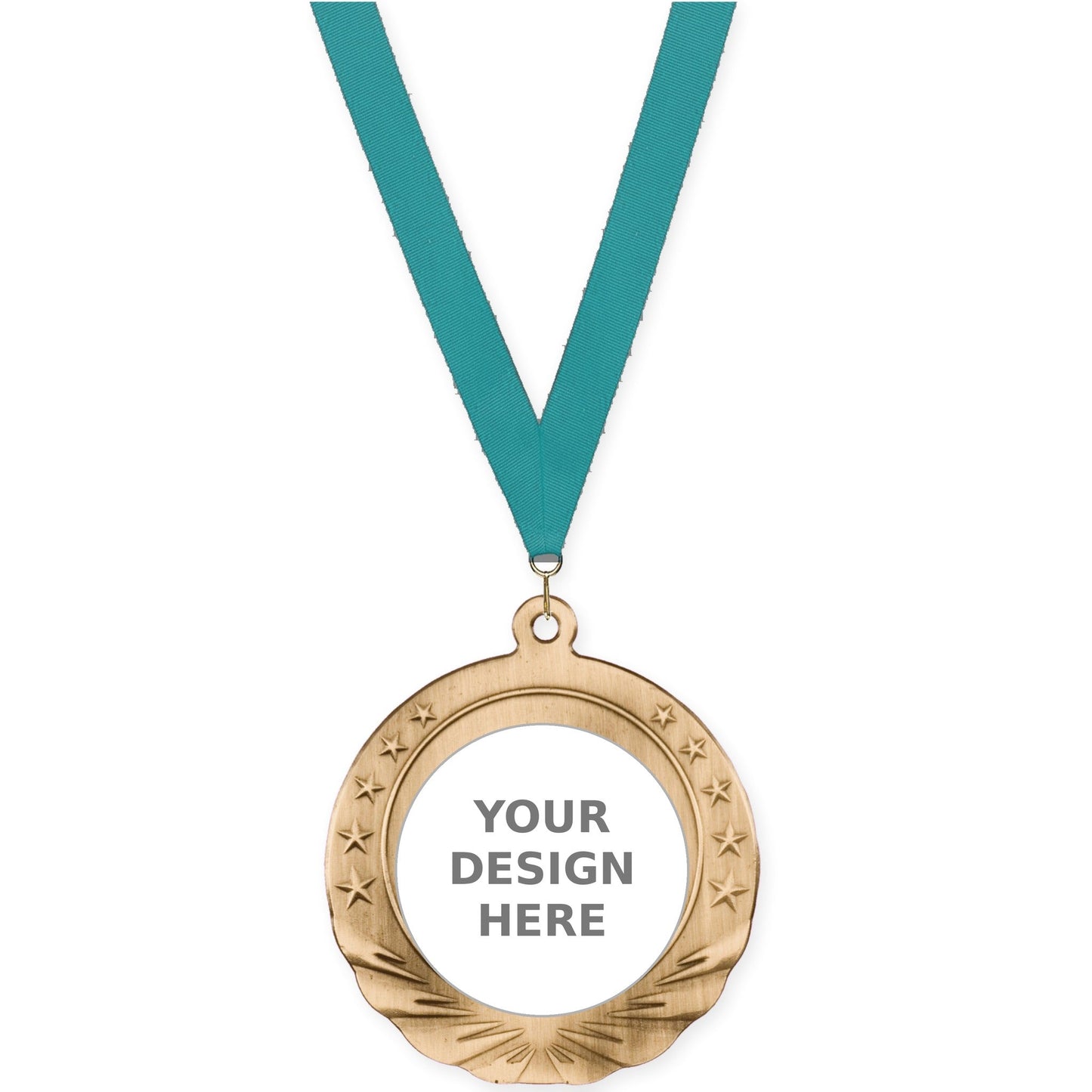 2 3/4 inch Starfield insert medal in antique gold with Teal neck ribbon