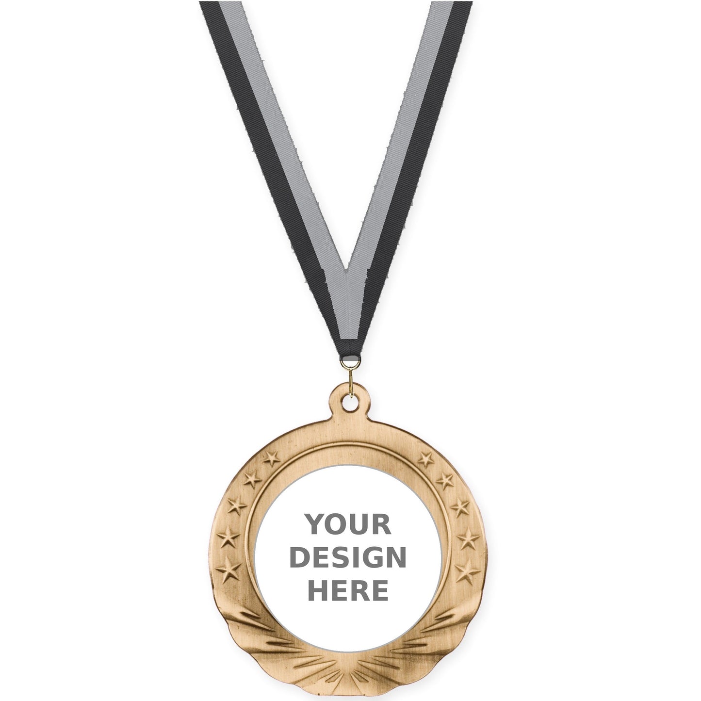 2 3/4 inch Starfield insert medal in antique gold with Black Gray neck ribbon