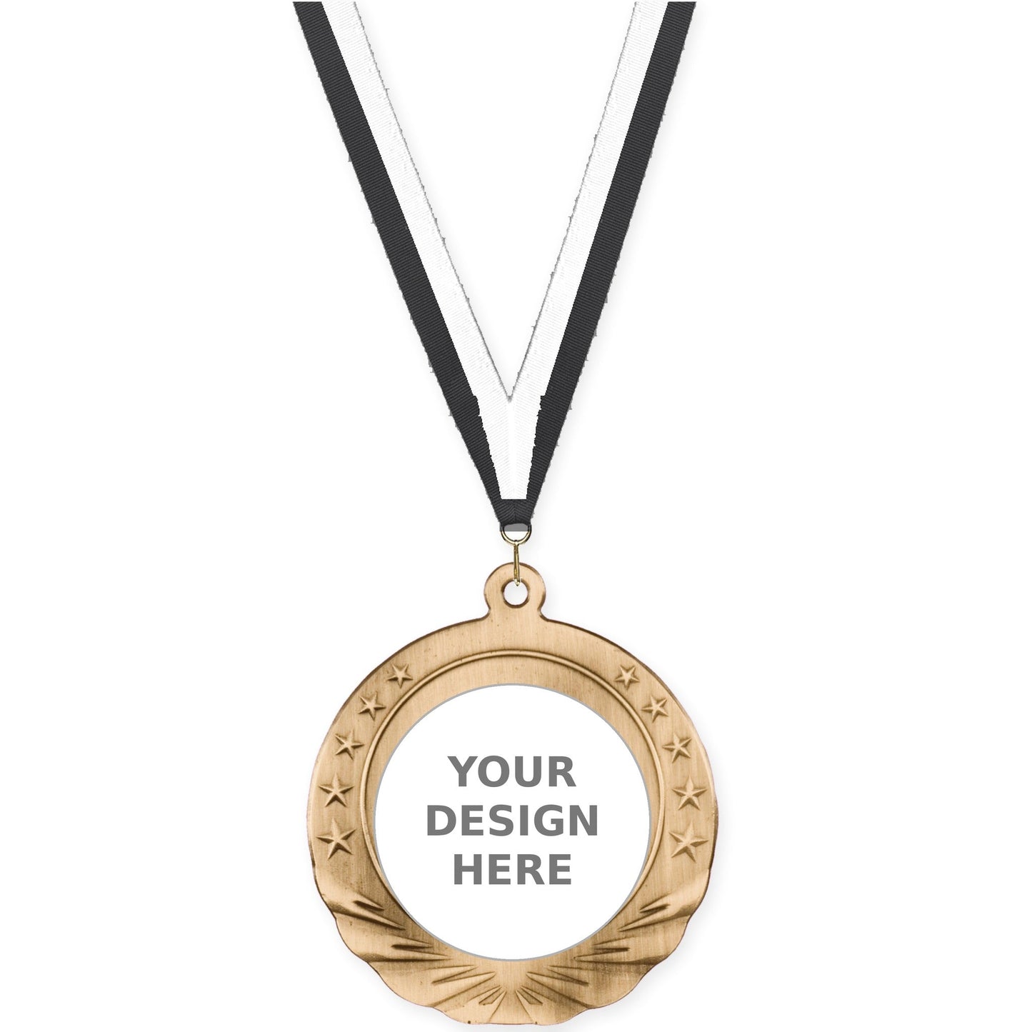 2 3/4 inch Starfield insert medal in antique gold with Black White neck ribbon