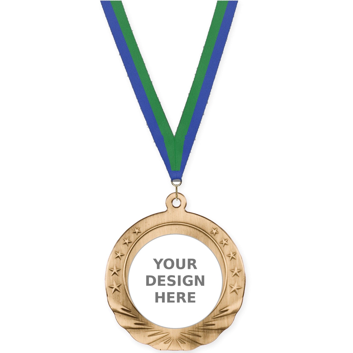 2 3/4 inch Starfield insert medal in antique gold with Blue Green neck ribbon
